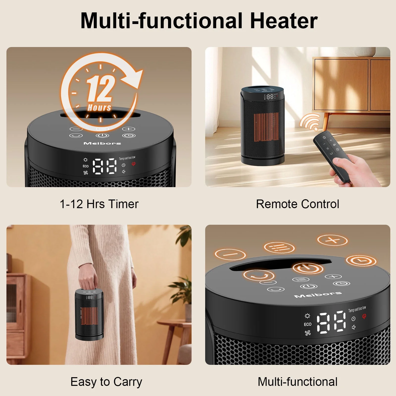 Meibors Portable Electric Radiant Heater, 1500W, LED Display, 3 Heating Modes, ECO Temperature Control, Remote Control, Oscillating, Black, PTC-150A - Image 6