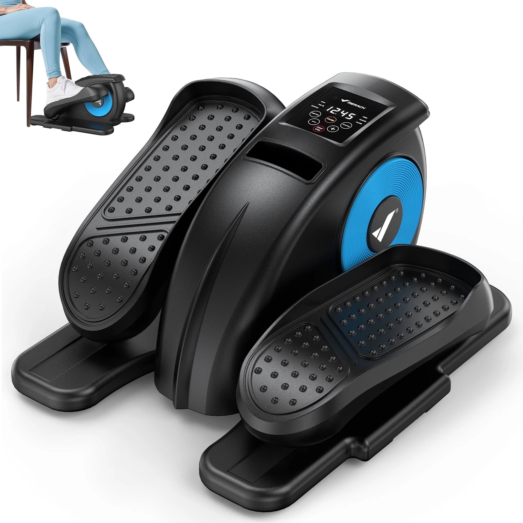 MERACH Under Desk Elliptical Exercise Machine, Quiet, 12 Adjustable Speeds, Remote Control, Blue, E34