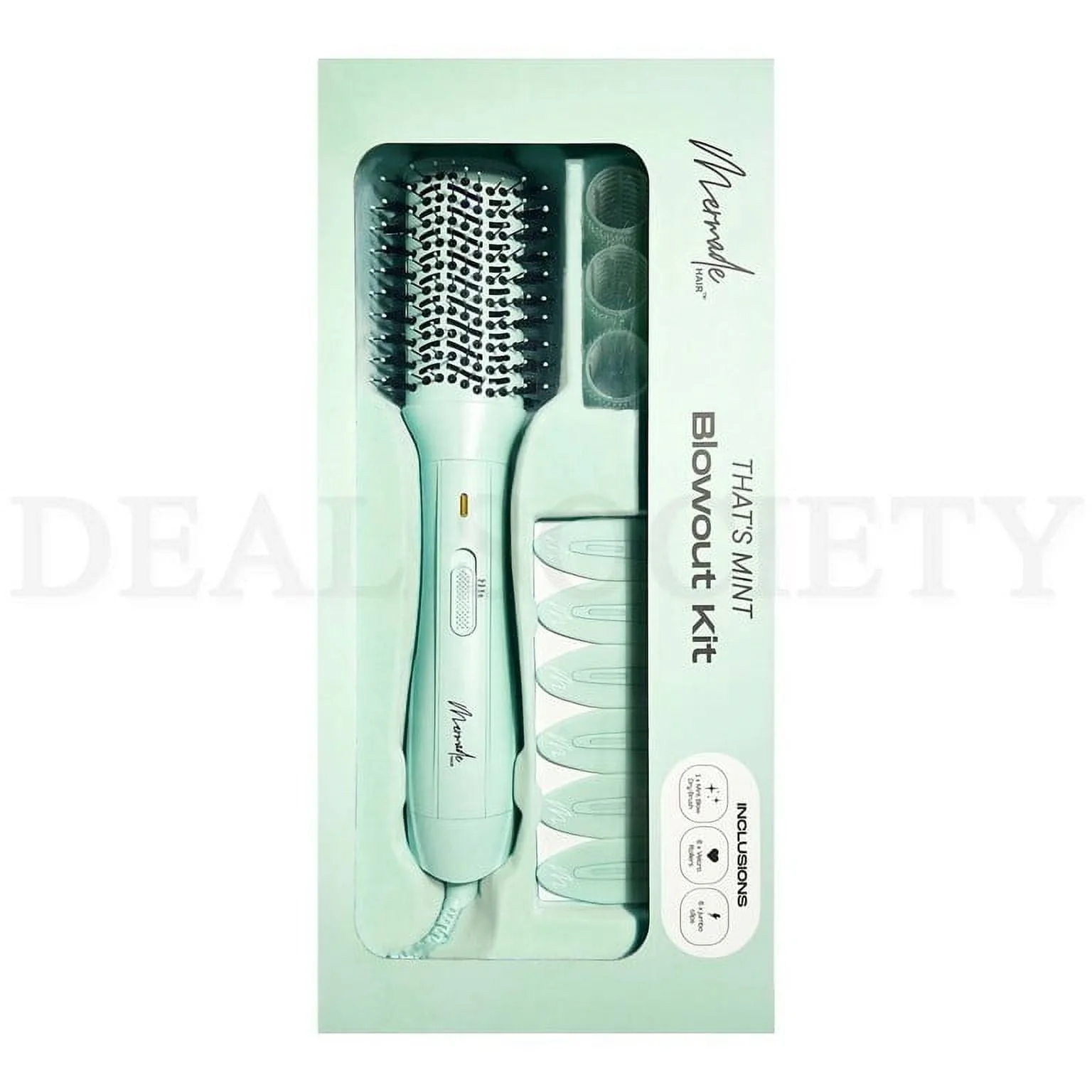 Mermade Hair That's Mint Three Piece Blowout Kit, Ionic Blow-Dry Brush with Three Heat Settings, No Crease Clips, Velcro Rollers, Limited-Edition Mint Color