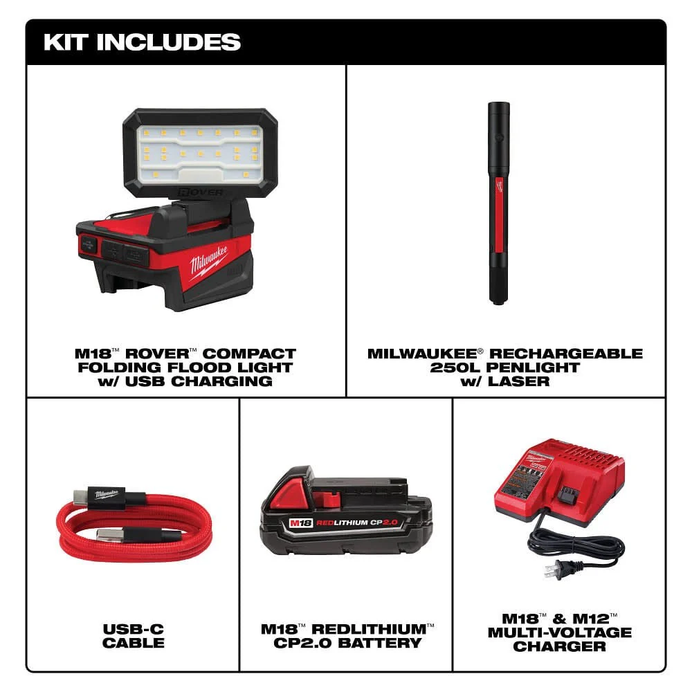 Milwaukee 2359-21PEN M18 ROVER Compact Folding Flood Light Kit, 1000 Lumens TRUEVIEW Output, Dual USB Charging Ports - Image 2