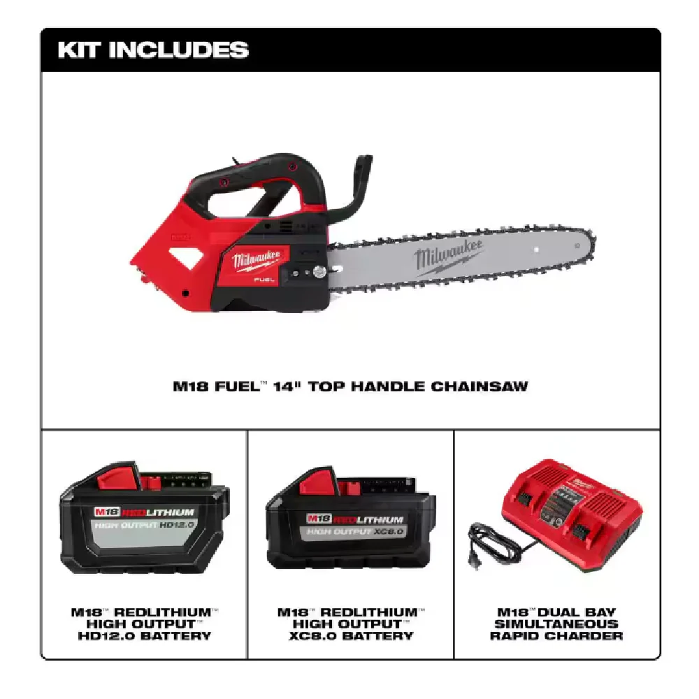 Milwaukee 2826-22T M18 FUEL 14 in. 18V Lithium-Ion Brushless Battery Top Handle Chainsaw Kit with 8.0 Ah, 12 Ah Battery & Rapid Charger - Image 2