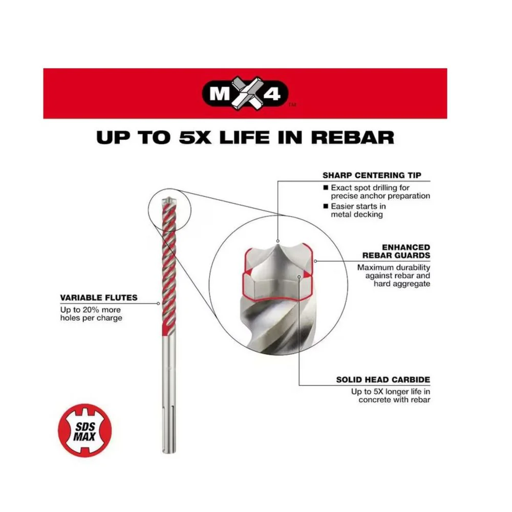 Milwaukee 48-20-8402 1/2 in. x 13 in. 4-Cutter SDS-MAX Carbide Drill Bit - Image 2