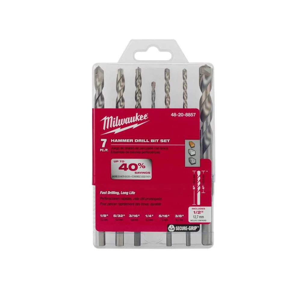 Milwaukee 48-20-9057 7 Piece Shockwave Carbide Hammer Drill Bit Kit For Concrete, Stone, Masonry Drilling