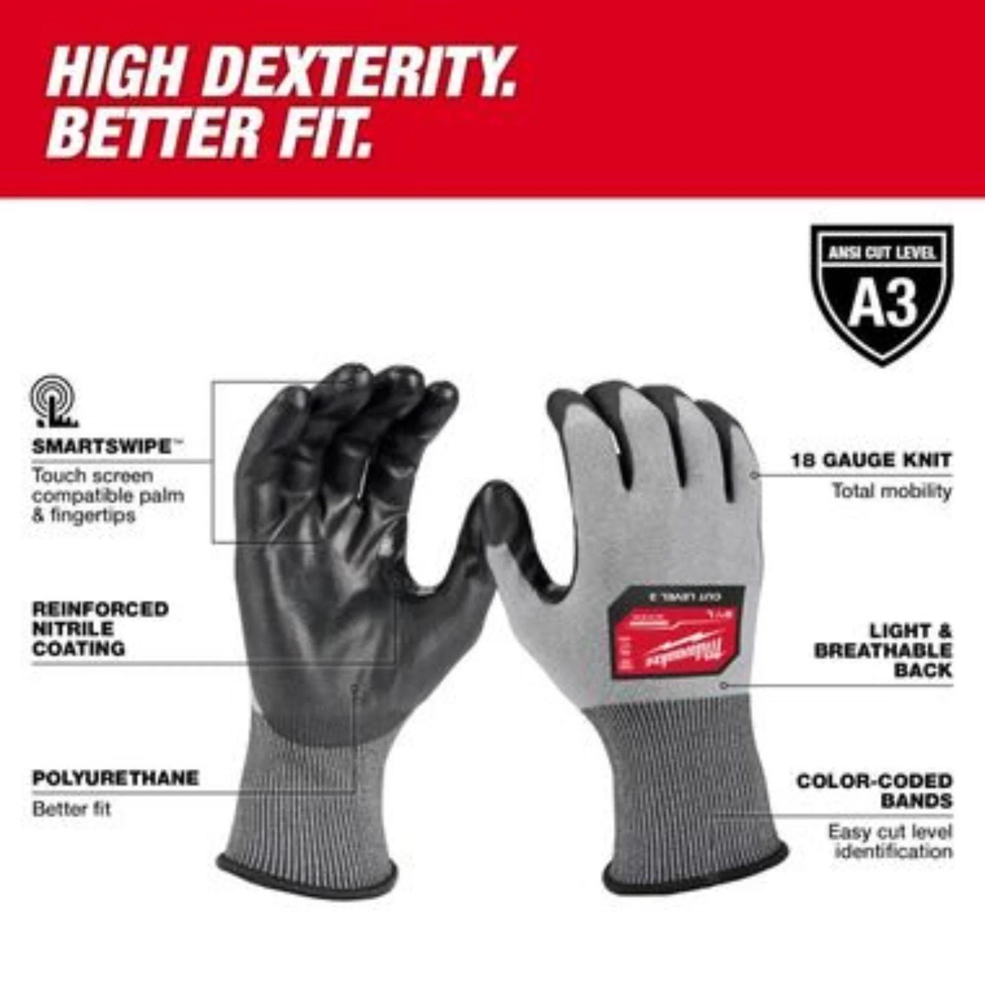 Milwaukee 48-73-8730B Cut Level 3 High-Dexterity Polyurethane Dipped Gloves, S, Grey - Image 2