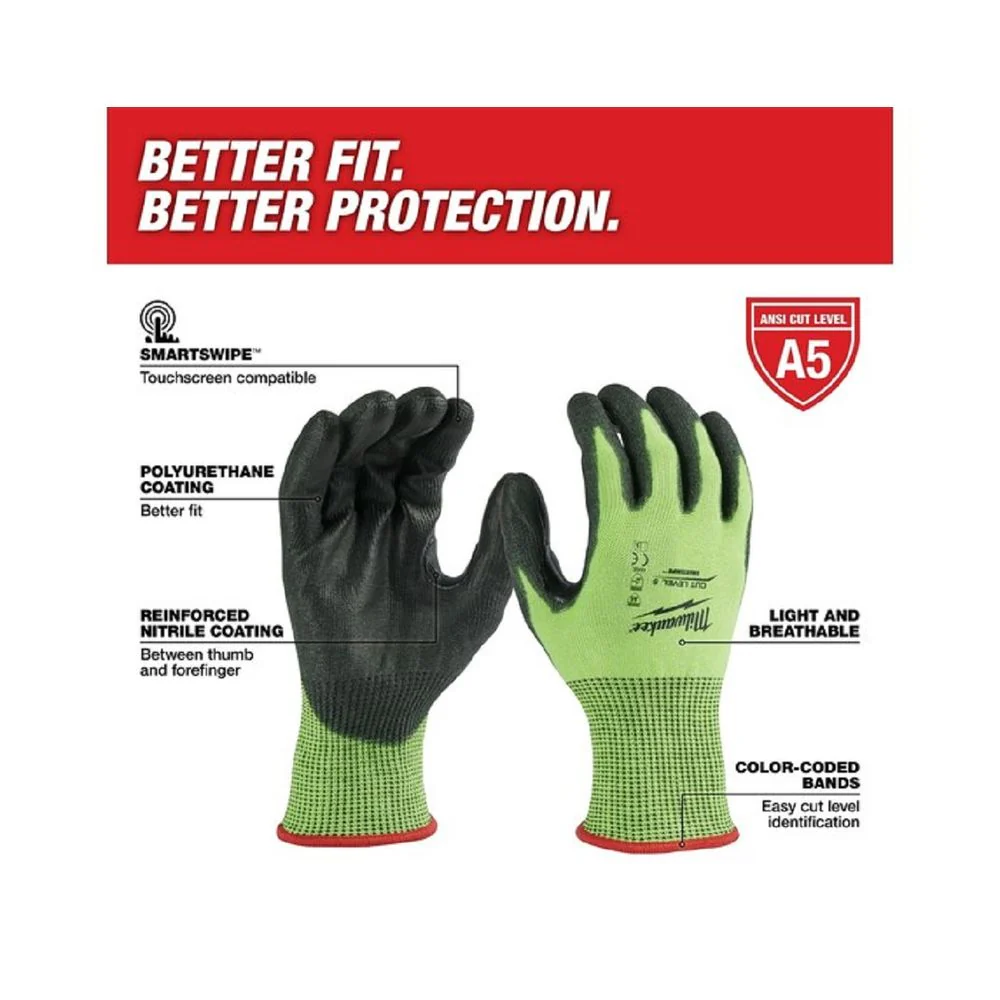 Milwaukee 48-73-8951B SMARTWIPE High Visibility Yellow/Black Medium Polyurethane Cut-Resistant Glove 12 Pack - Image 2