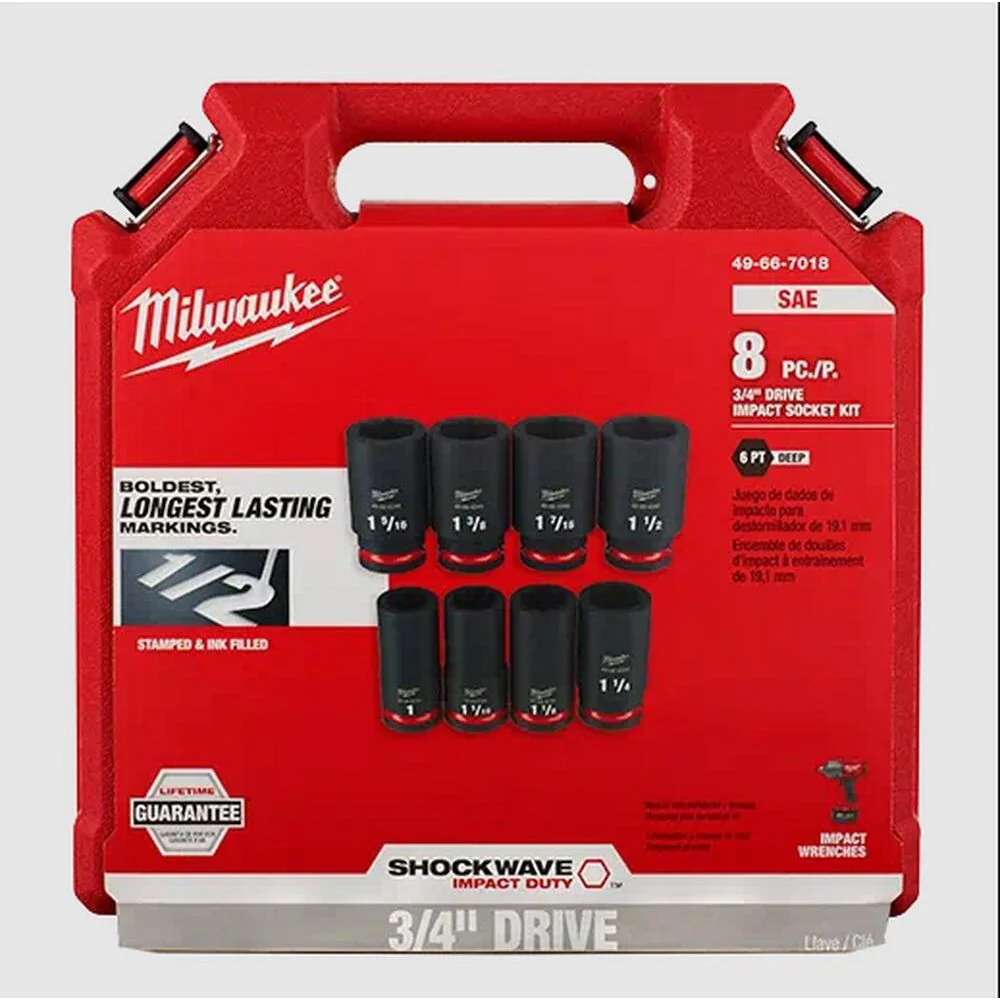 Milwaukee 49-66-7018 8PCSHOCKWAVE Impact Duty 3/4" Drive SAE Deep 6 Point Socket Set