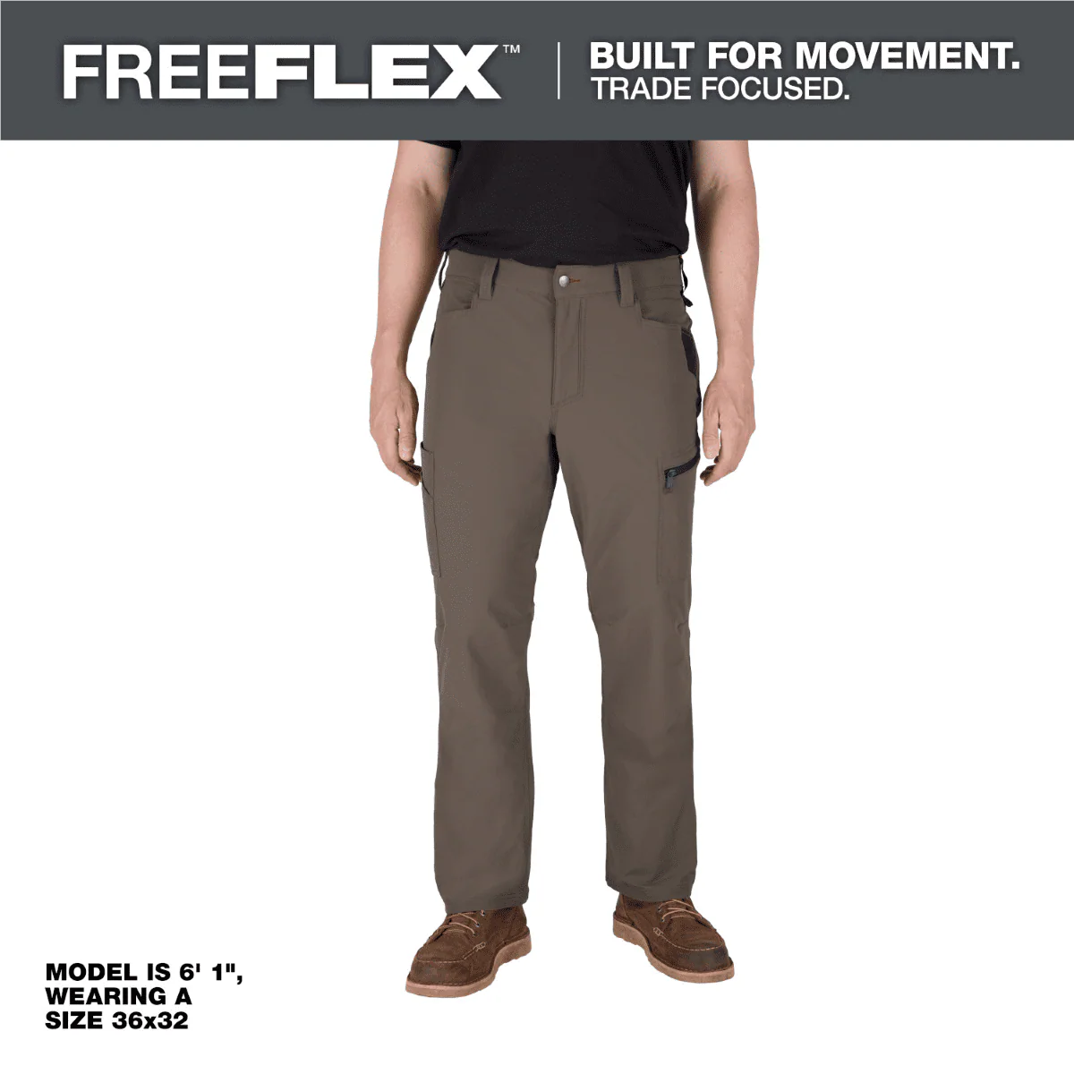 Milwaukee Electric FREEFLEX Tech Work Utility Pants, Brown, 32 in x 32 in, Nylon/Spandex Blend, Wind and Water Resistant, Stretch Waistband, M651N-3232