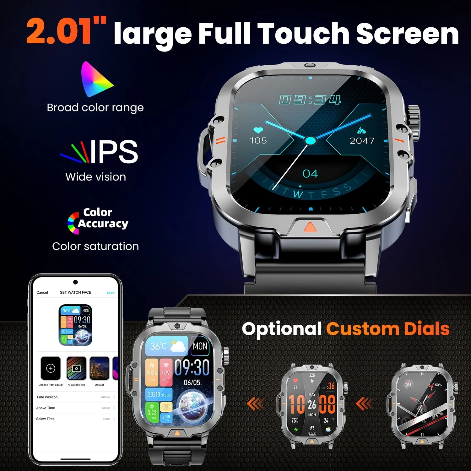 Mingwear L31 Military Smartwatch, 2.01" High-Resolution Display, IP68 Waterproof, Black - Image 2