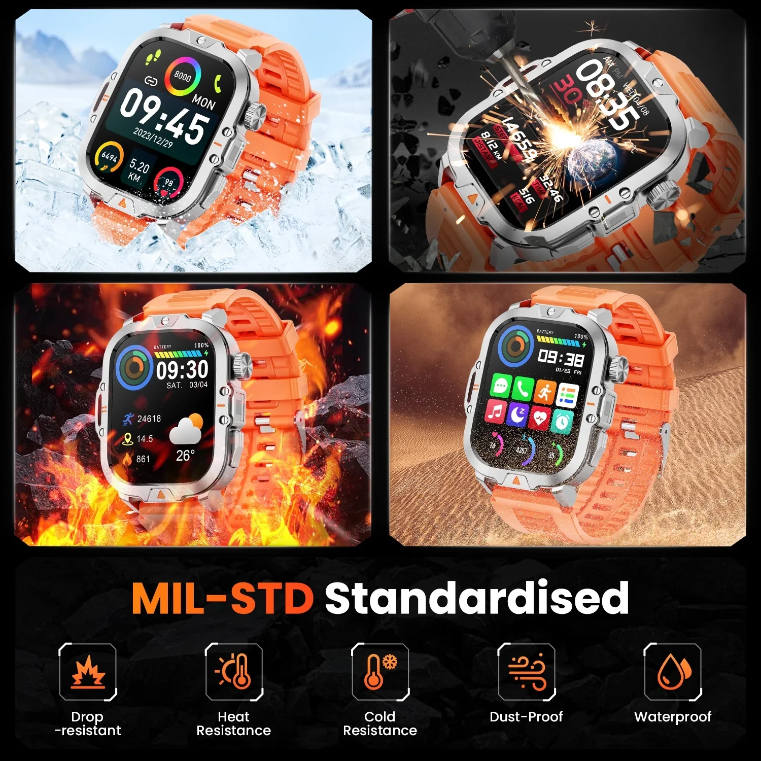 Mingwear Military Smartwatch for Men, 2.01-Inch TFT LCD, Aluminum Alloy Body, IP68 Waterproof, 100+ Sport Modes, AI Voice Assistant, Call Function, 400mAh Battery, Orange - Image 5