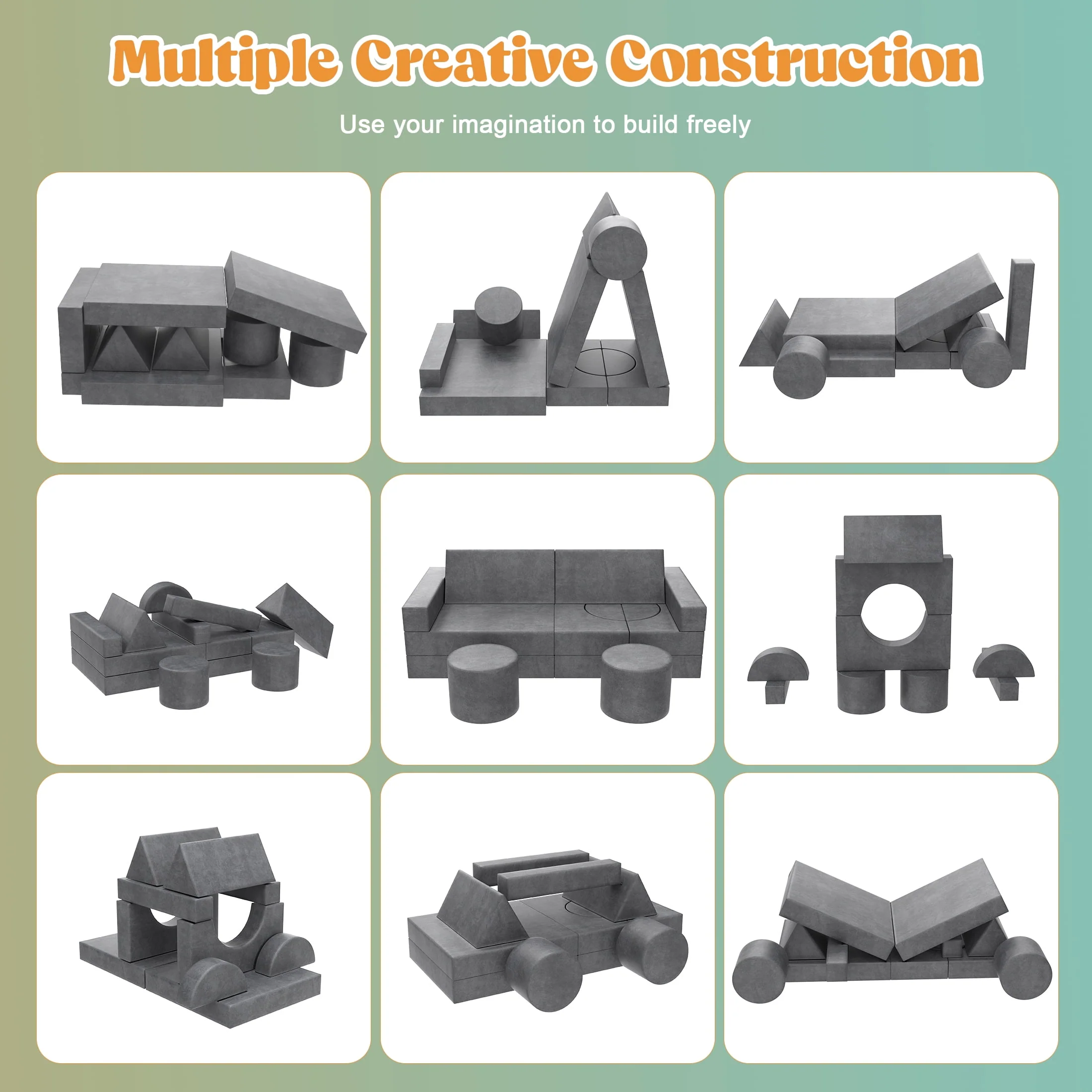 Minikid Kids Sofa Couch, Modular 13-Piece Playroom Set, Soft Gray Velvet, Multifunctional Toddler Couch with Over 30 Configurations - Image 3