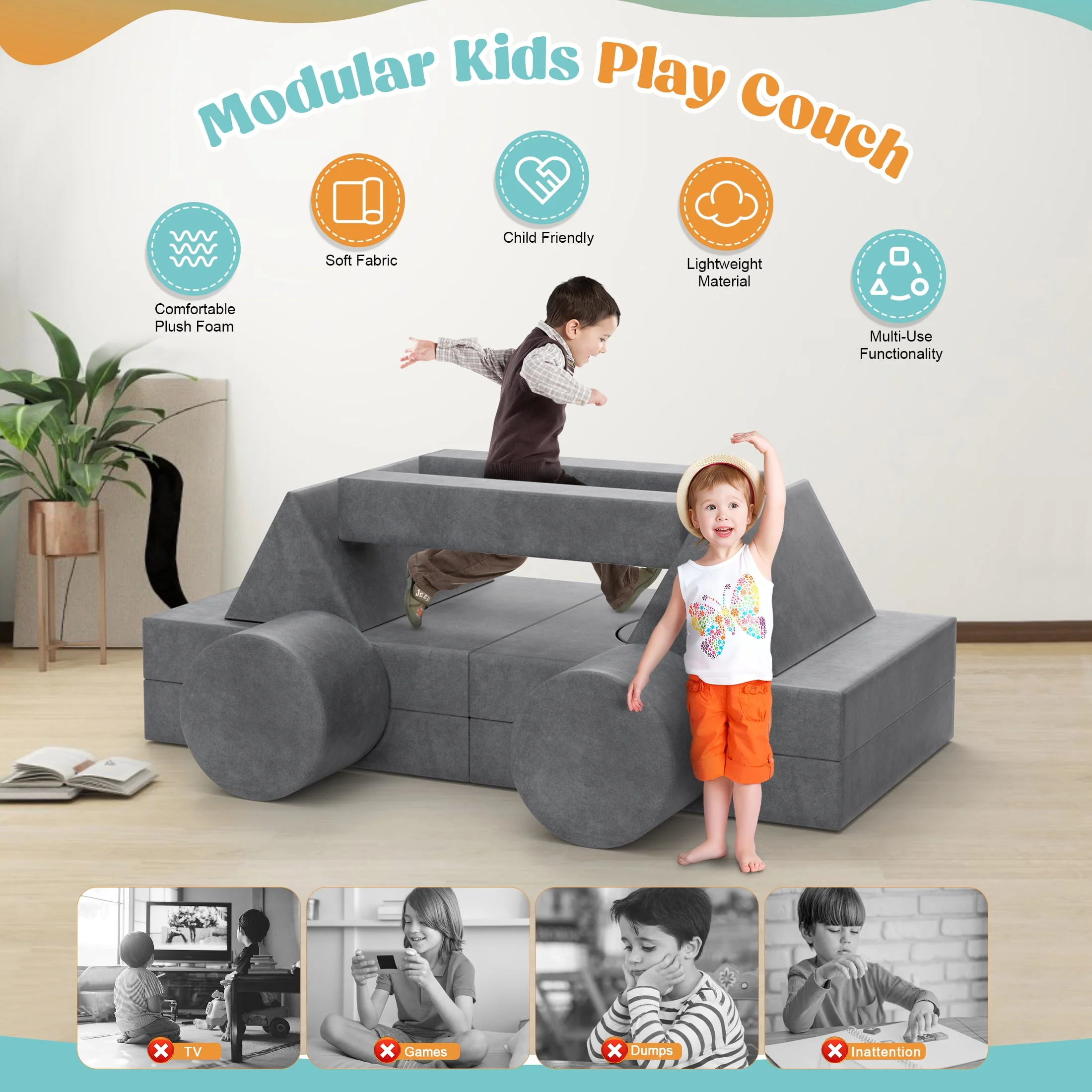 Minikid Kids Sofa Couch, Modular 13-Piece Playroom Set, Soft Gray Velvet, Multifunctional Toddler Couch with Over 30 Configurations - Image 4