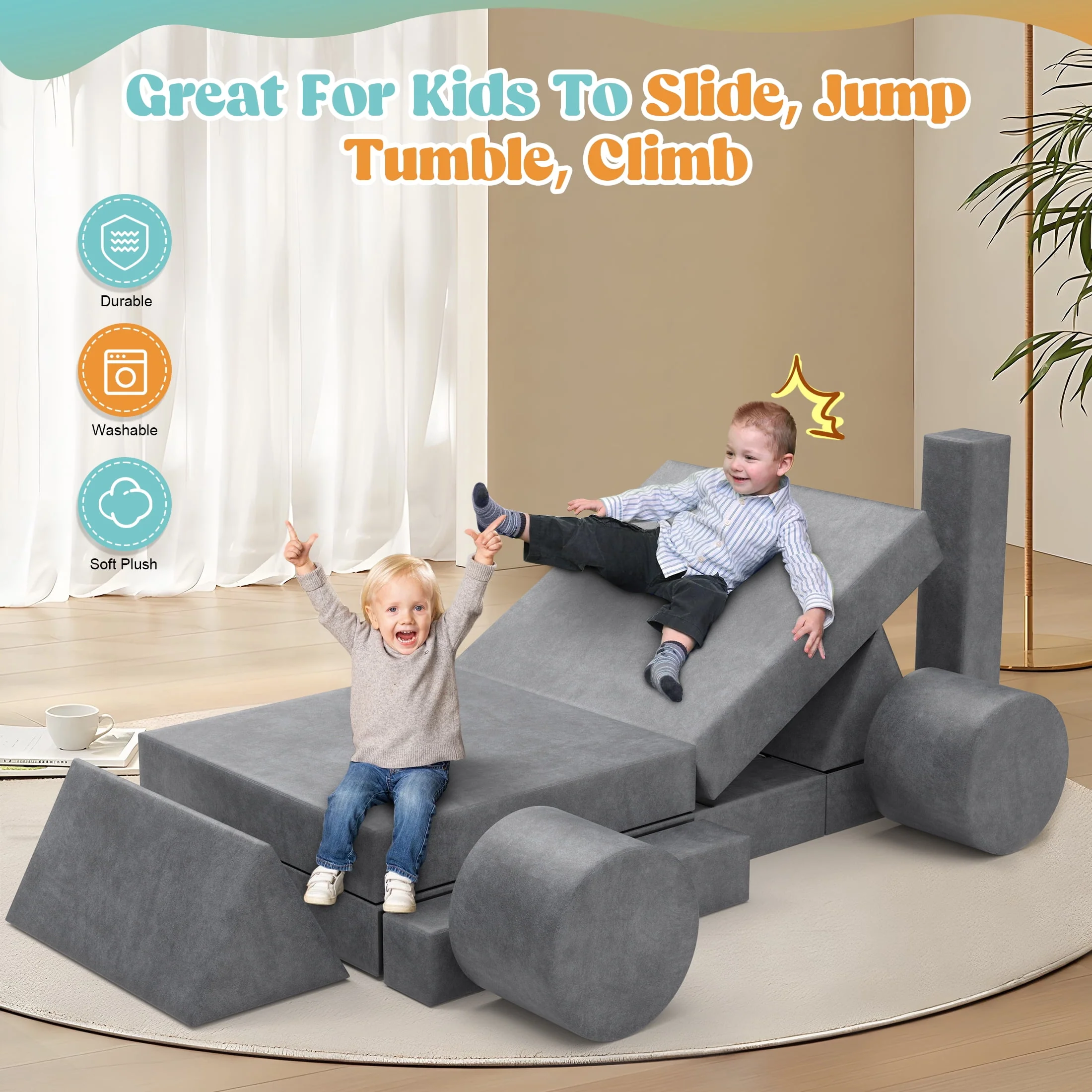 Minikid Kids Sofa Couch, Modular 13-Piece Playroom Set, Soft Gray Velvet, Multifunctional Toddler Couch with Over 30 Configurations - Image 7