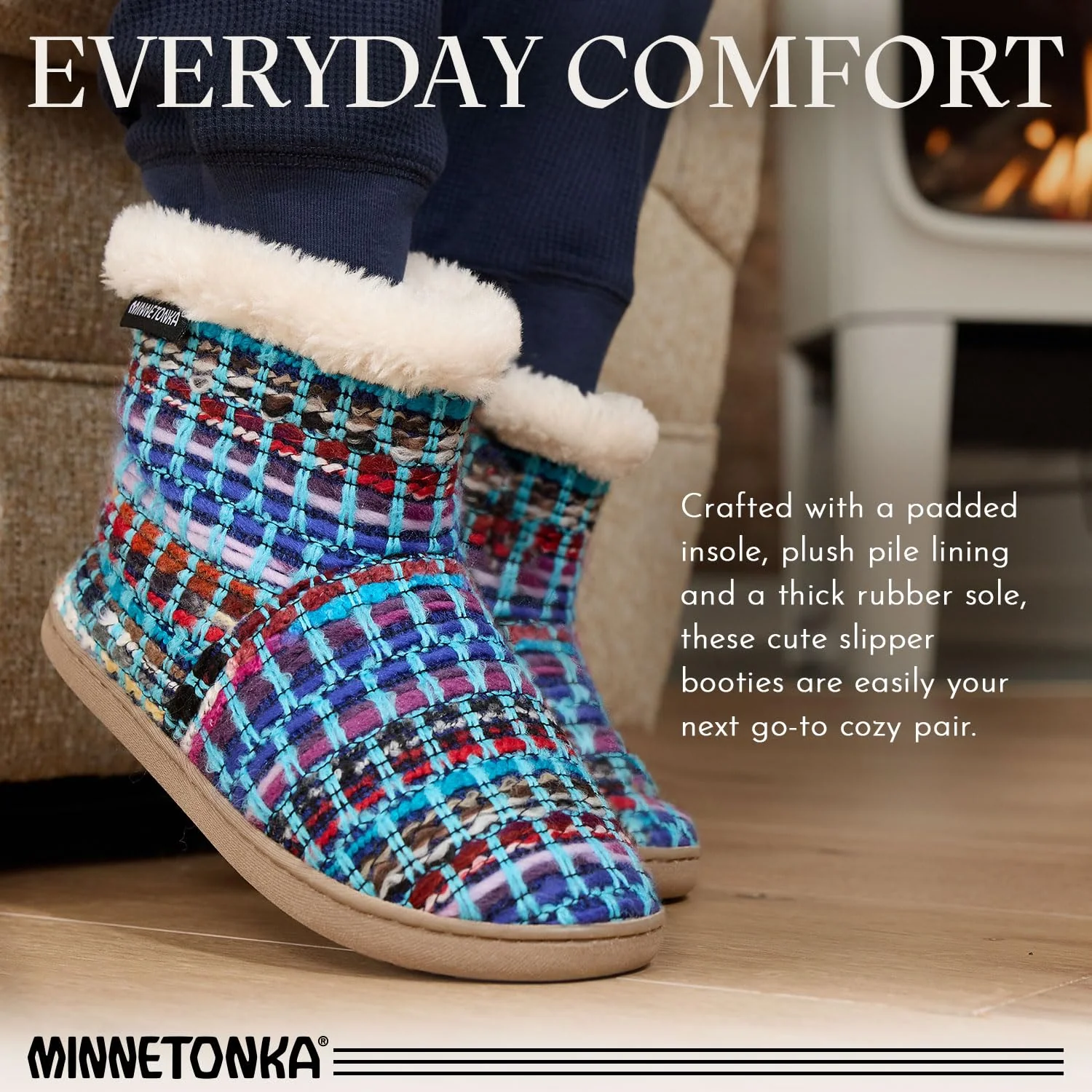 Minnetonka Betty Women's Faux Fur Slippers, Striped Turquoise Multi, Small - Image 5
