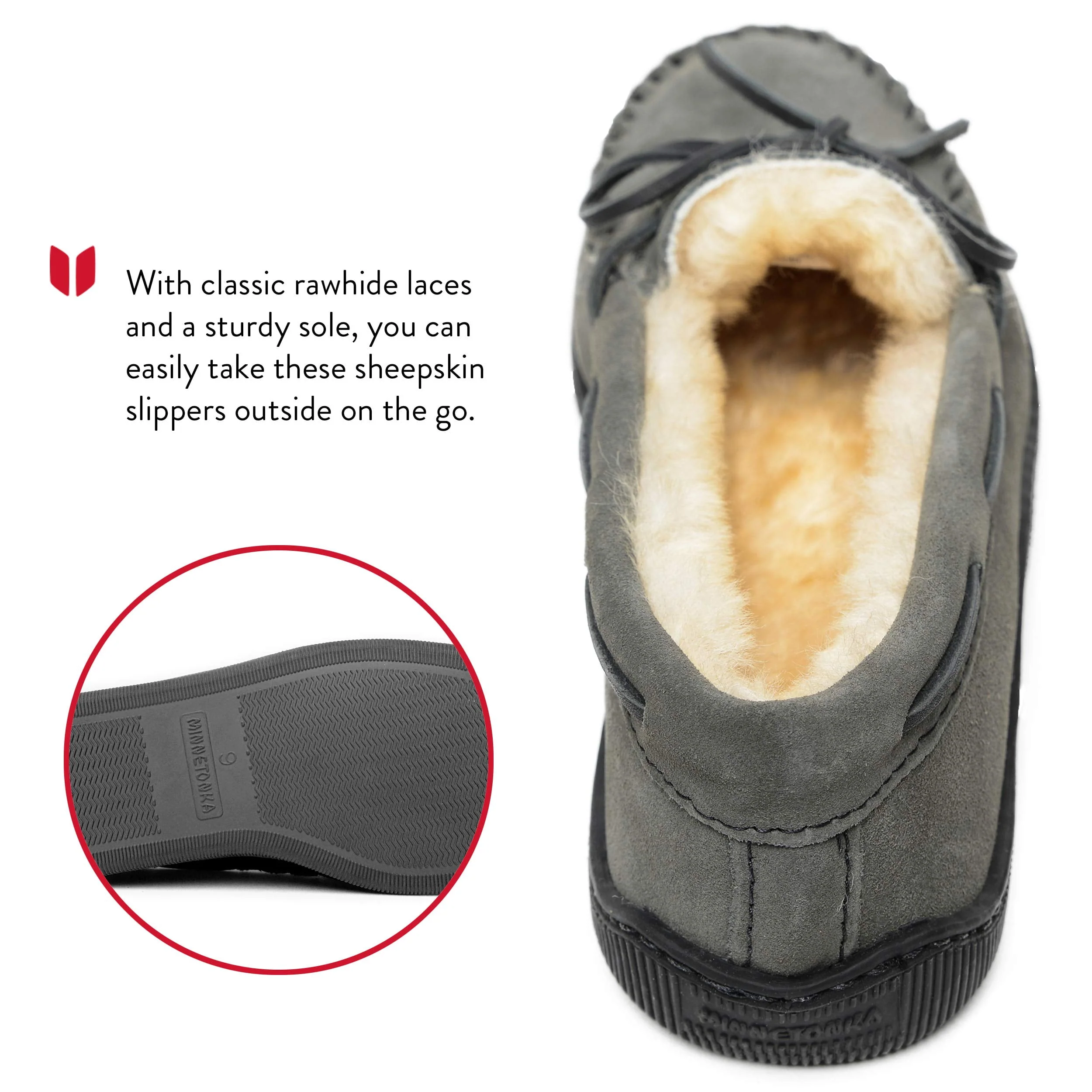 Minnetonka Moccasin Sheepskin Hardsole Mocs for Men - Grey - 9W - Image 7