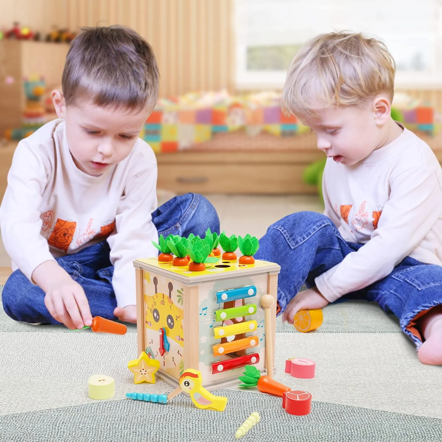 Misoo Montessori 6-in-1 Wooden Activity Cube Shape Sorter Toy for Toddlers 12-24 Months Multisensory Educational Developmental Toy - Image 4