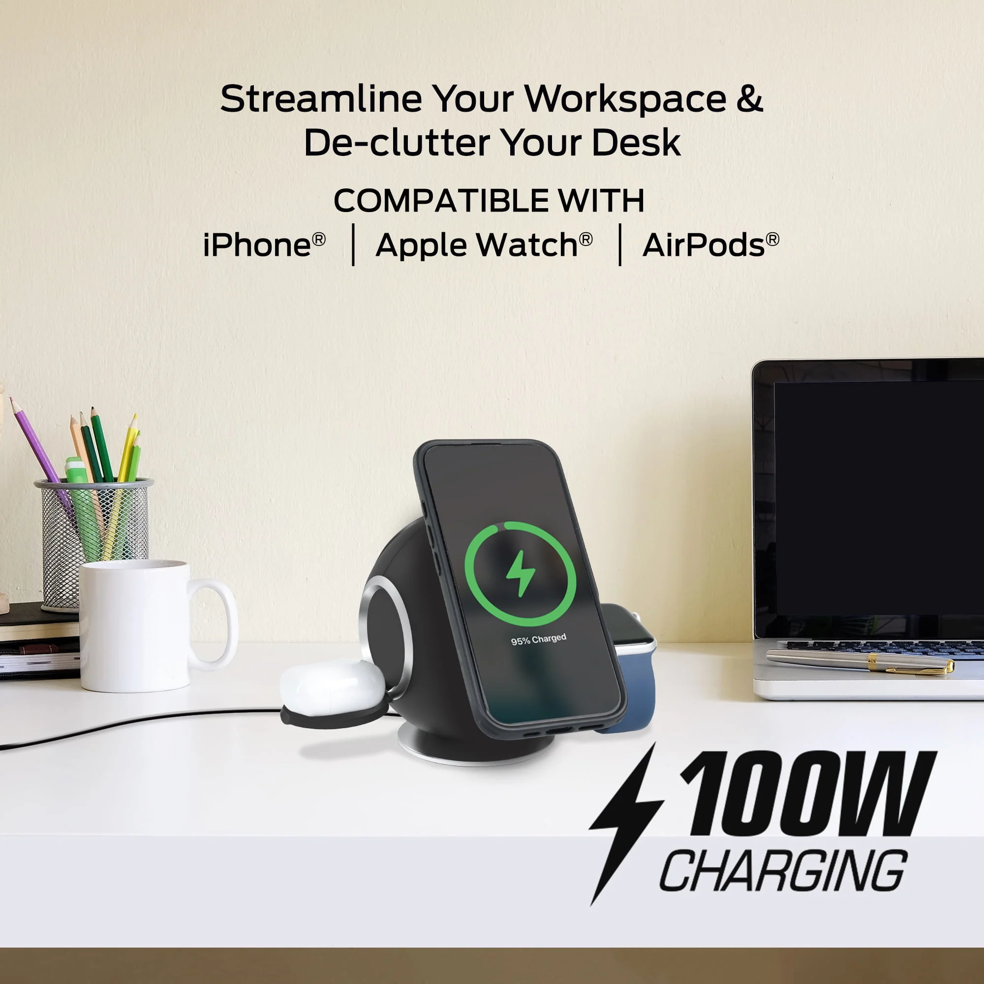 Monster 10-in-1 Charging Sphere Desktop Charging Station with Qi2 Magnetic Wireless Charging, 3 AC Outlets, 2 USB-C Ports, 2 USB-A Ports, Apple Watch and AirPods Charging Pads, 100W Total Output, Black, MWS8-1010-BLK - Image 7
