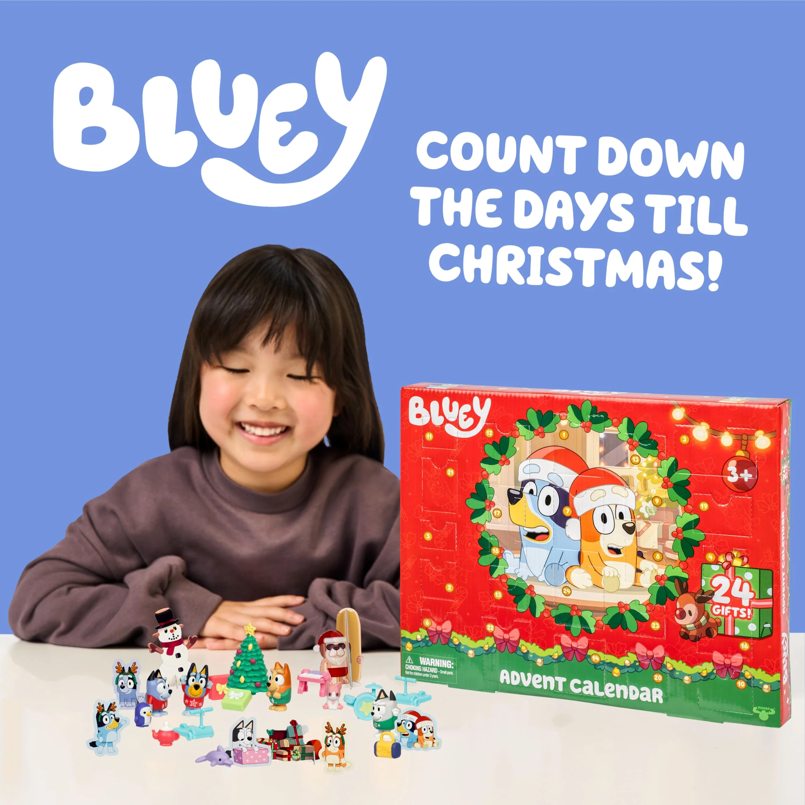 Moose Toys Bluey Mini Figures Christmas Advent Calendar, 24-Day Countdown with 4 Festive Mini Figures, 12 Accessories, Stickers, and Paper Standees - Image 3