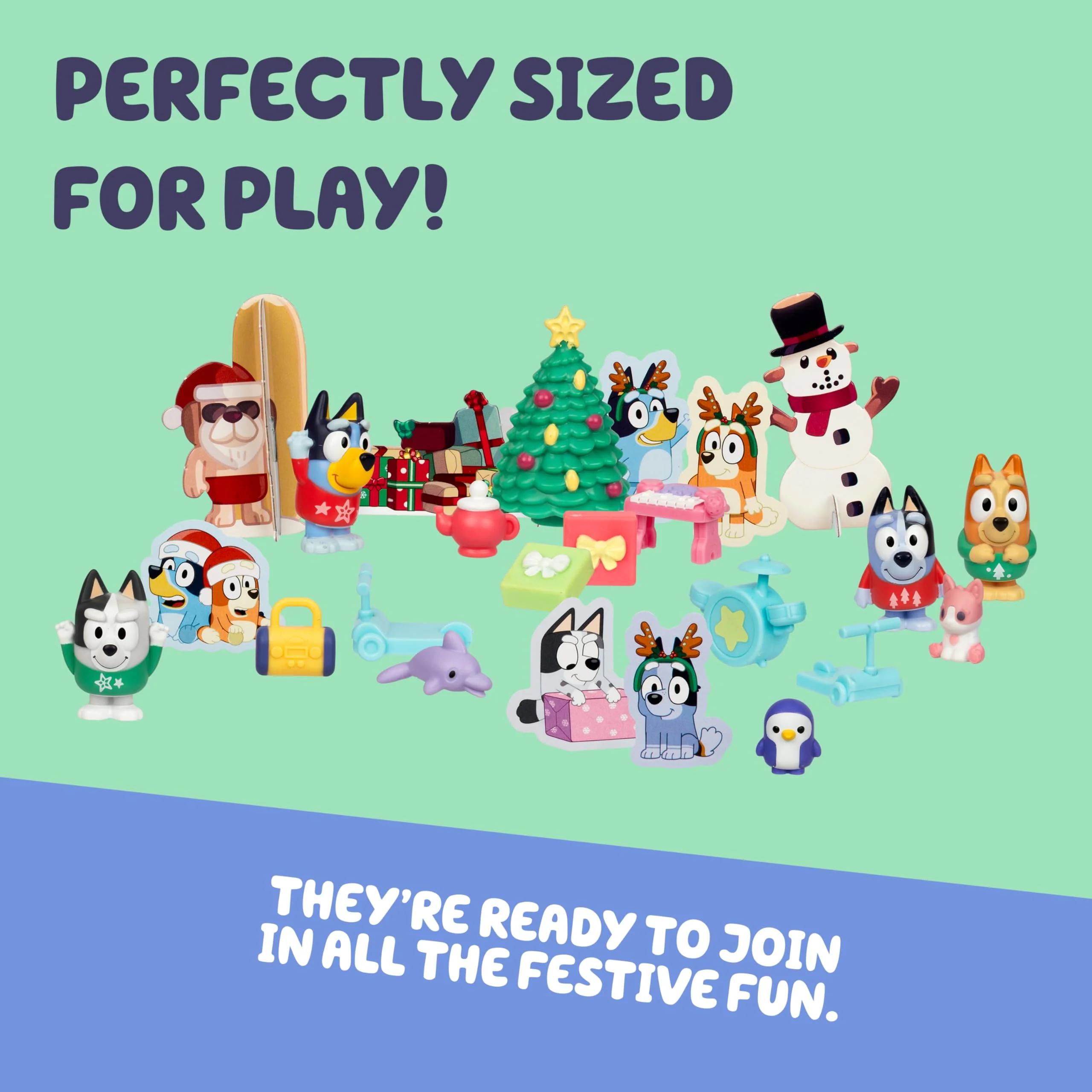 Moose Toys Bluey Mini Figures Christmas Advent Calendar, 24-Day Countdown with 4 Festive Mini Figures, 12 Accessories, Stickers, and Paper Standees - Image 6