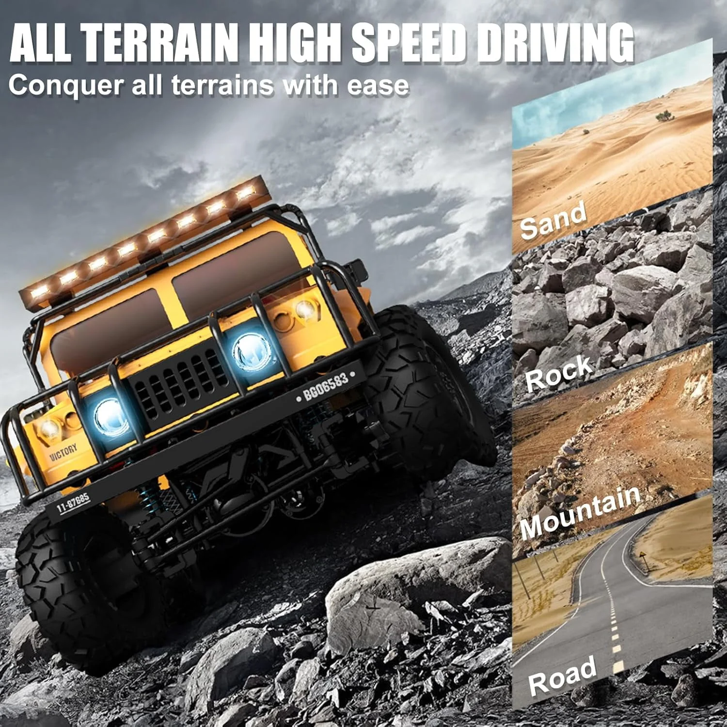 Mostop RC Crawler 1/12 Scale Rock Crawler Hummer Remote Control Buggy with 370 Magnetic Motor, Waterproof Design, LED Lights, Yellow - Image 3