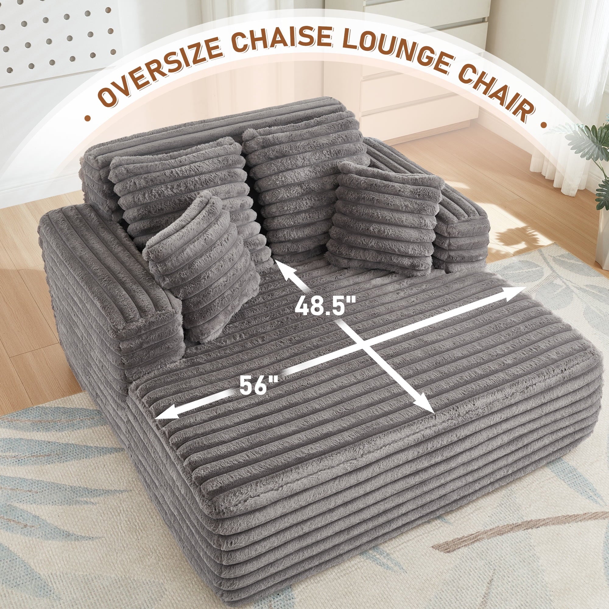 Muumblus Oversized Chaise Lounge Chair, Plush Corduroy Upholstered, Queen Sofa Bed, Modern Mid-Century Design, Gray - Image 3
