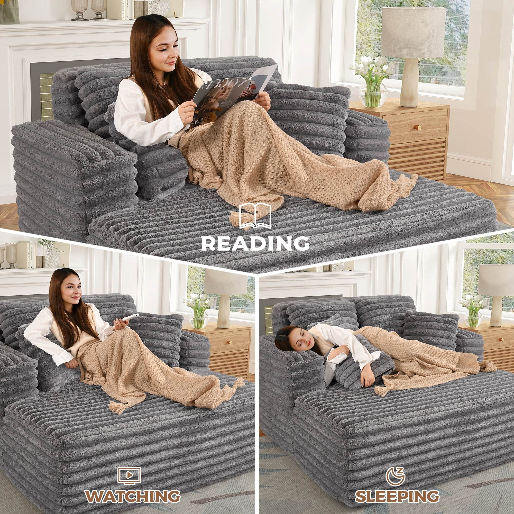 Muumblus Oversized Chaise Lounge Chair, Plush Corduroy Upholstered, Queen Sofa Bed, Modern Mid-Century Design, Gray - Image 4