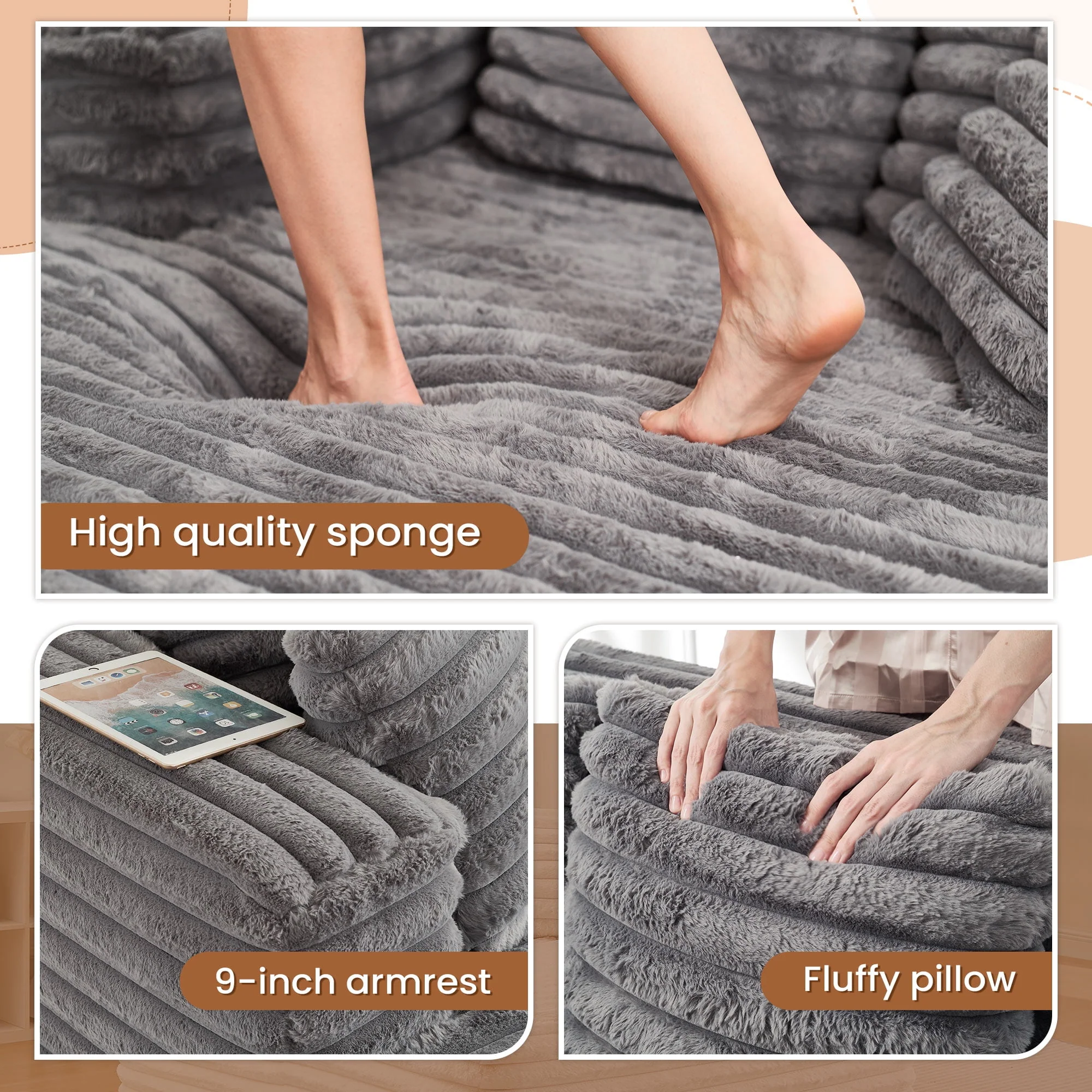 Muumblus Oversized Chaise Lounge Chair, Plush Corduroy Upholstered, Queen Sofa Bed, Modern Mid-Century Design, Gray - Image 7
