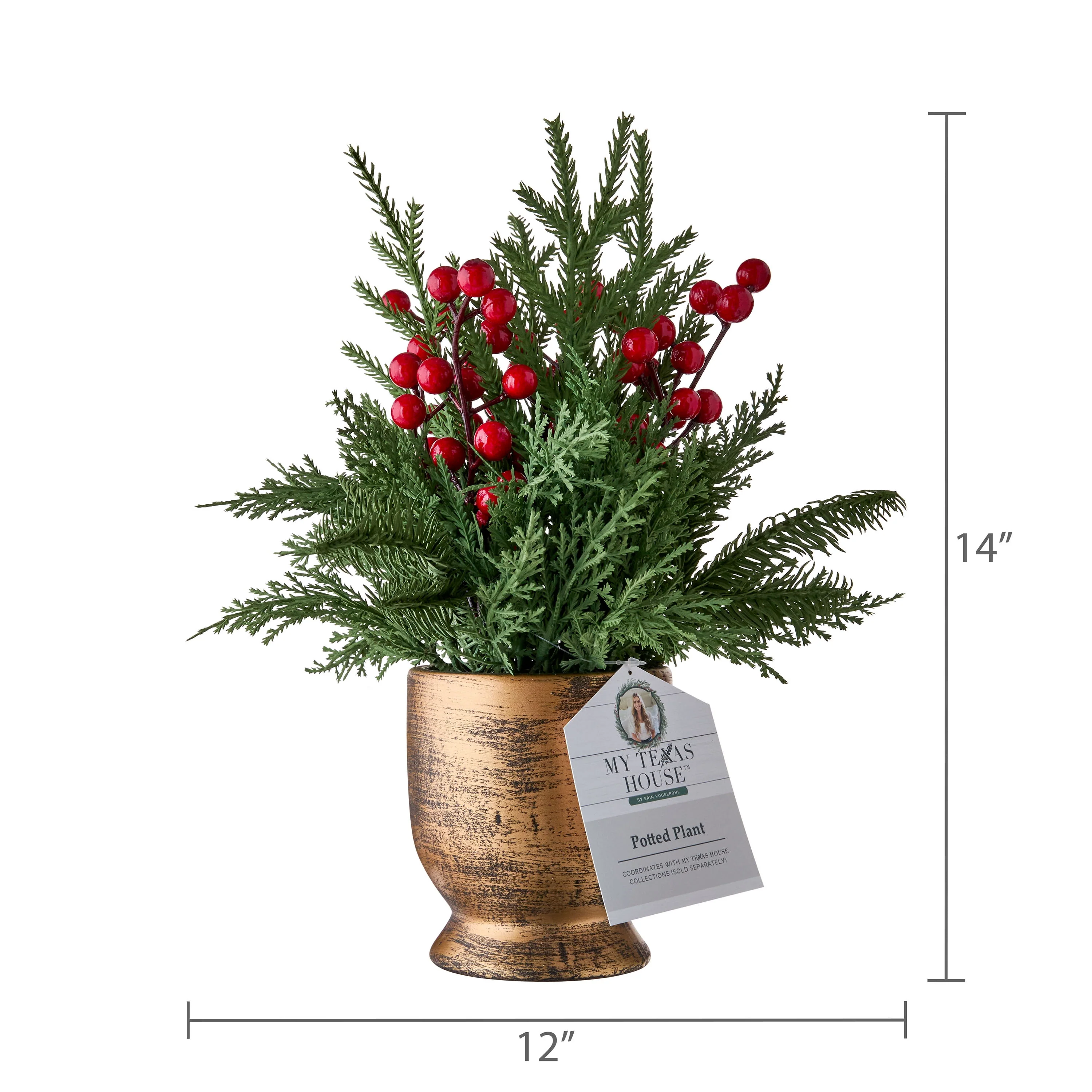 My Texas House Berries and Pine Sprigs Christmas Decoration, Red and Green, 12 in, Gold Vase - Image 6