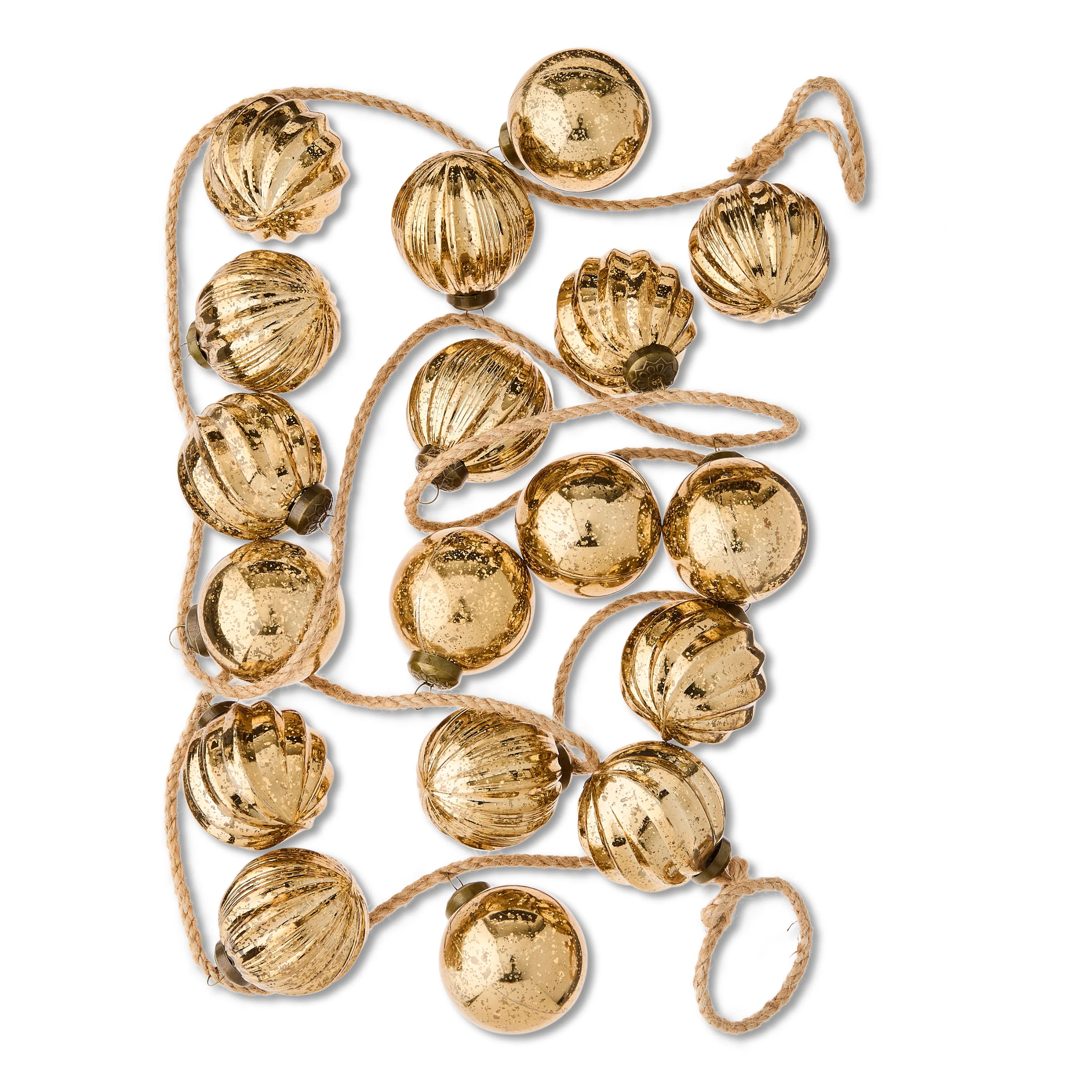 My Texas House Gold Shatterproof Ornament Christmas Garland, Mercury Glass-Style Finish, Assorted Textures, 72 in, Natural Jute Rope