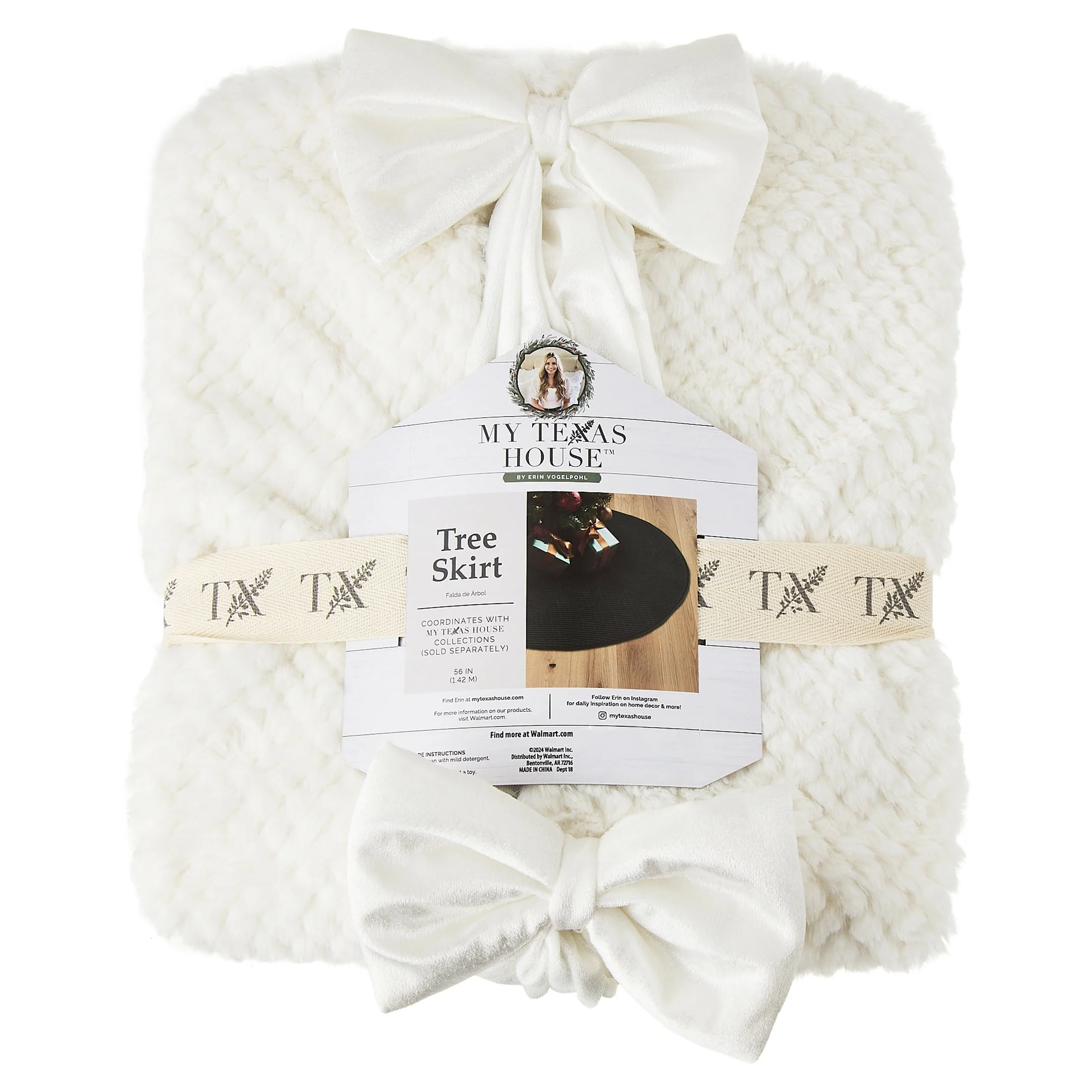 My Texas House White Fur Christmas Tree Skirt, 56 in, Soft Polyester, Solid White Glitter Design - Image 2