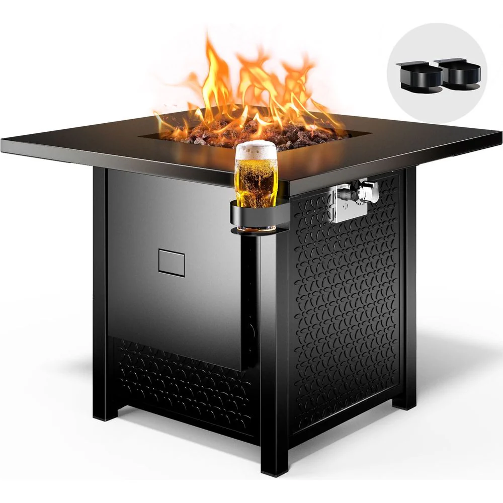 Myfurnideal 52489221 32" Gas Fire Pits with Lid and Lava Rock for Outside 50,000 BTU Propane Fire Pit Table, Black