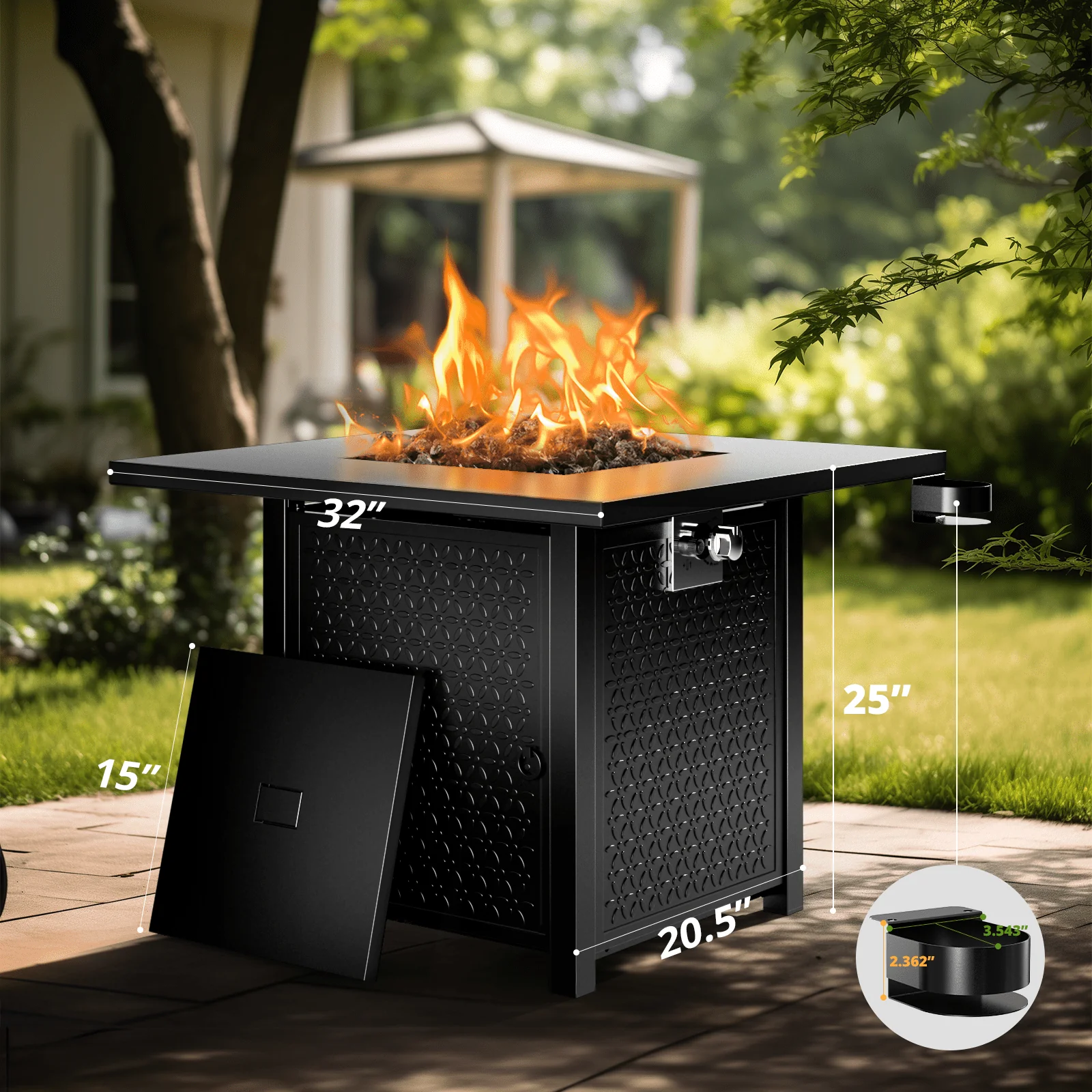 Myfurnideal 52489221 32" Gas Fire Pits with Lid and Lava Rock for Outside 50,000 BTU Propane Fire Pit Table, Black - Image 2