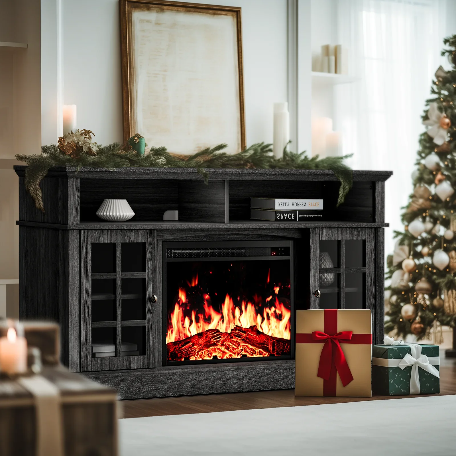 Myfurnideal Electric Fireplace TV Stand for 65" TVs, Black