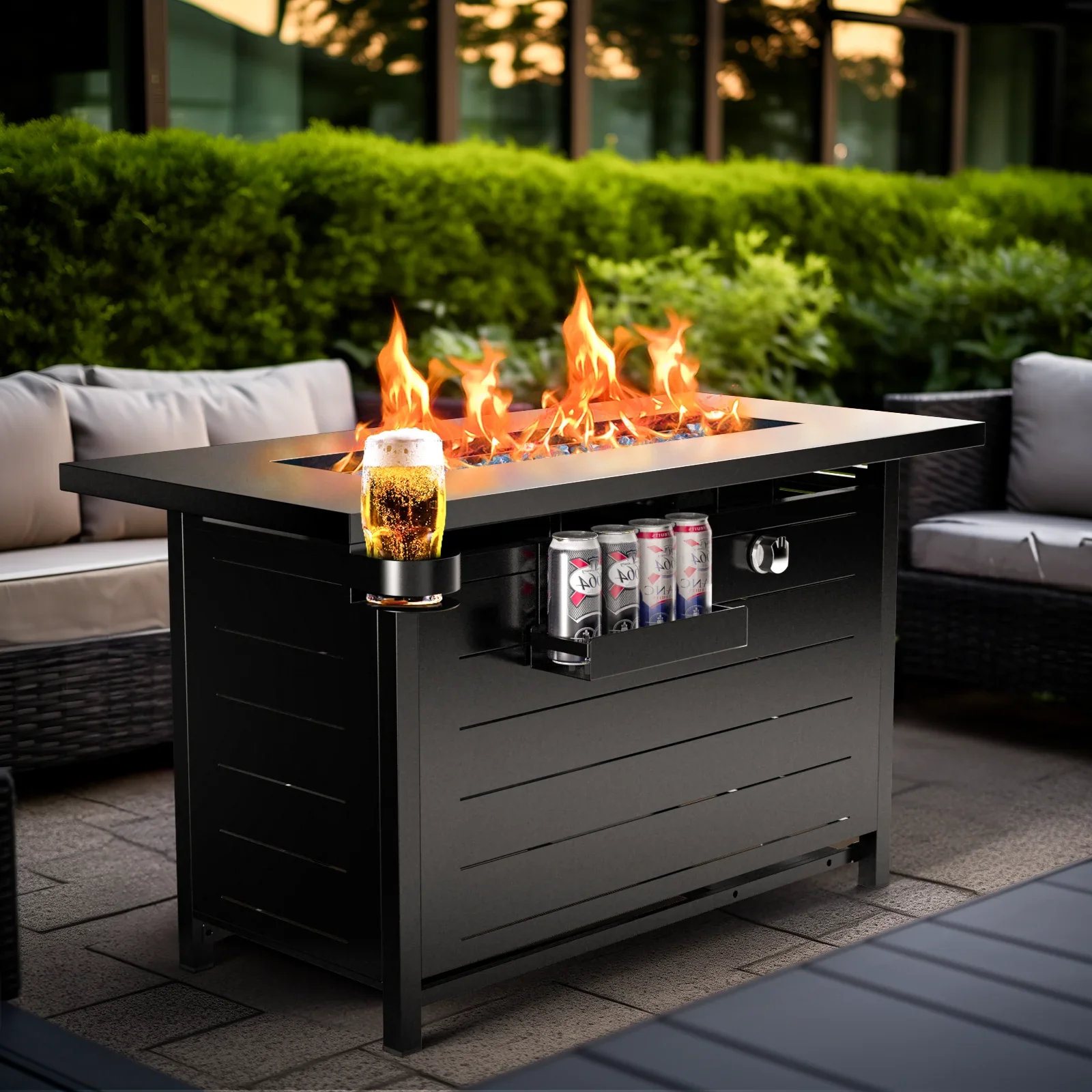 Myfurnideal PIYTE0 43 Propane Fire Pits for Outside 50 000 BTU Gas Fire Pit Table for Outside with Lid Glass Beads Cup Holders Hanging Shelf & Nylon Cover Rectangl
