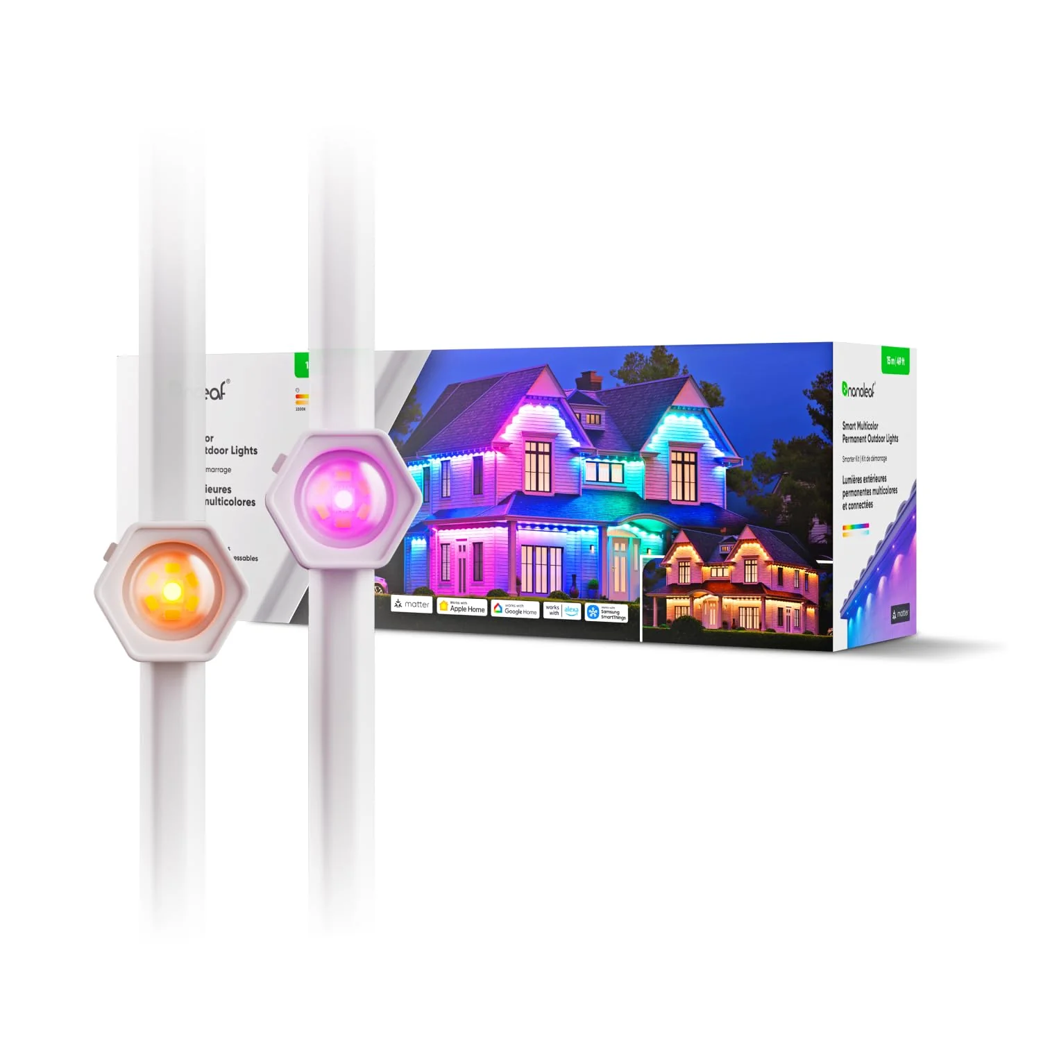 Nanoleaf Matter Smart Multicolor Permanent Outdoor Lights, 49ft, 30 Addressable LED Pucks, RGBCW, IP67 Waterproof, Cable Covers Included, N7401K03-15POL
