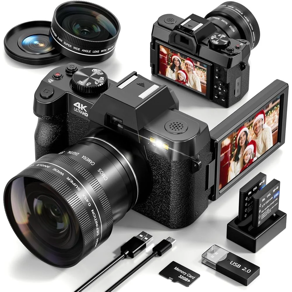 NBD S100 4K Digital Camera 48MP Sensor with Detachable 52mm Wide-Angle and Macro Lenses, 4K Video Recording, 180 Flip Screen, Dual Batteries, 32GB Memory Card