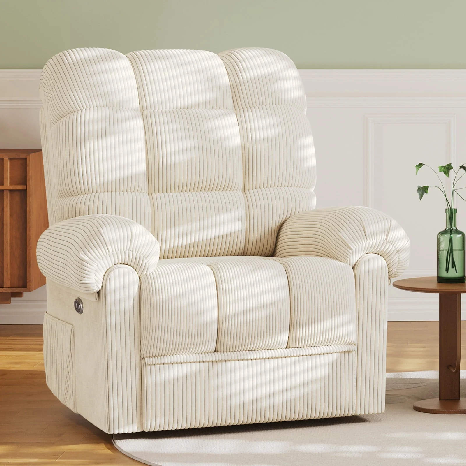 Neche Corduroy Electric Recliner Chair with USB Port Beige GESE003AM