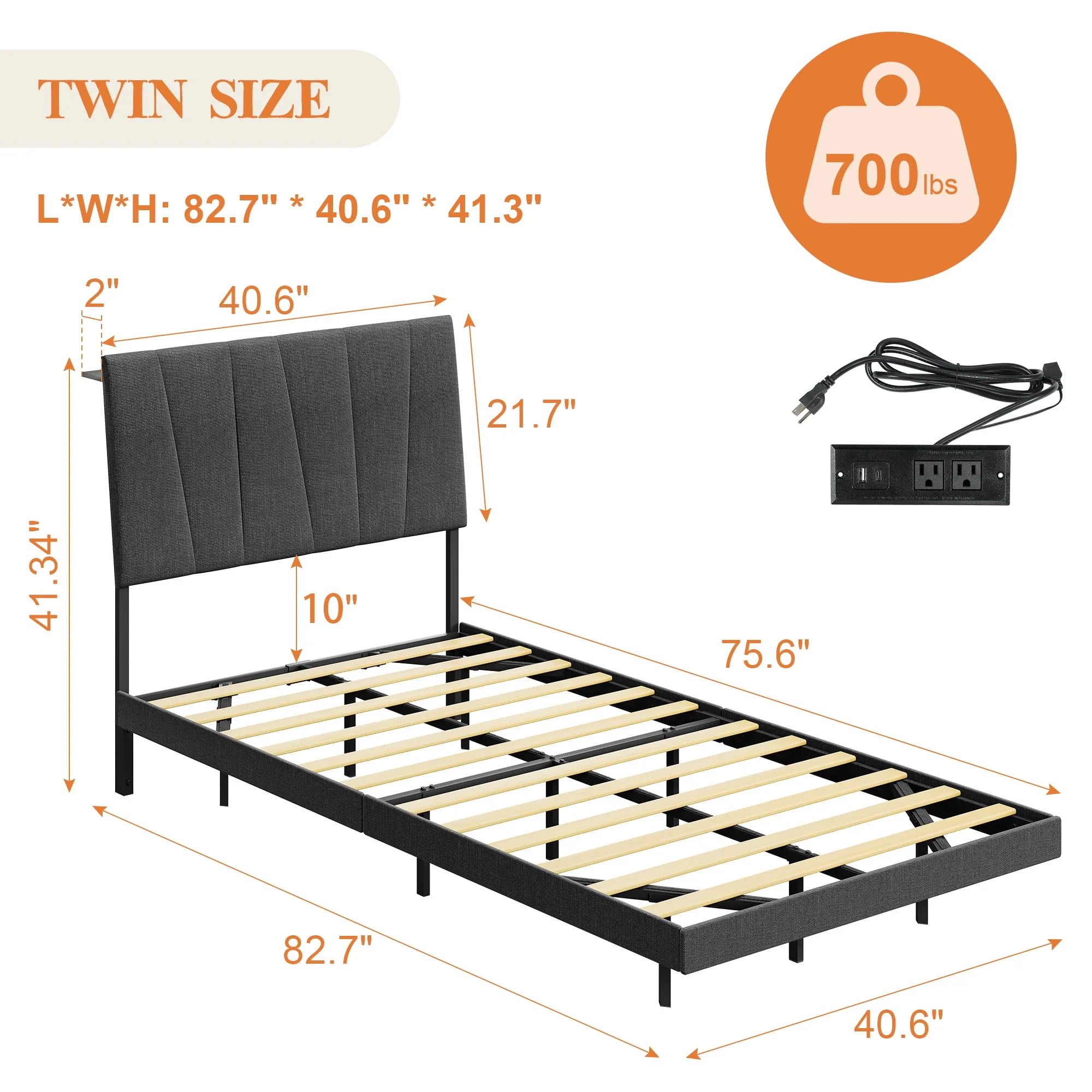 Neche Floating Upholstered Queen Platform Bed Frame with LED Lights, Charging Station, Hidden Storage, Gray - Image 3