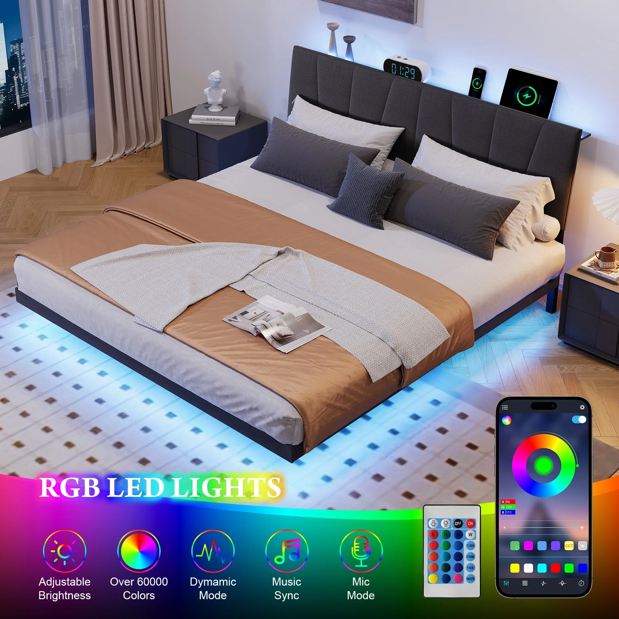 Neche Floating Upholstered Queen Platform Bed Frame with LED Lights, Charging Station, Hidden Storage, Gray - Image 5