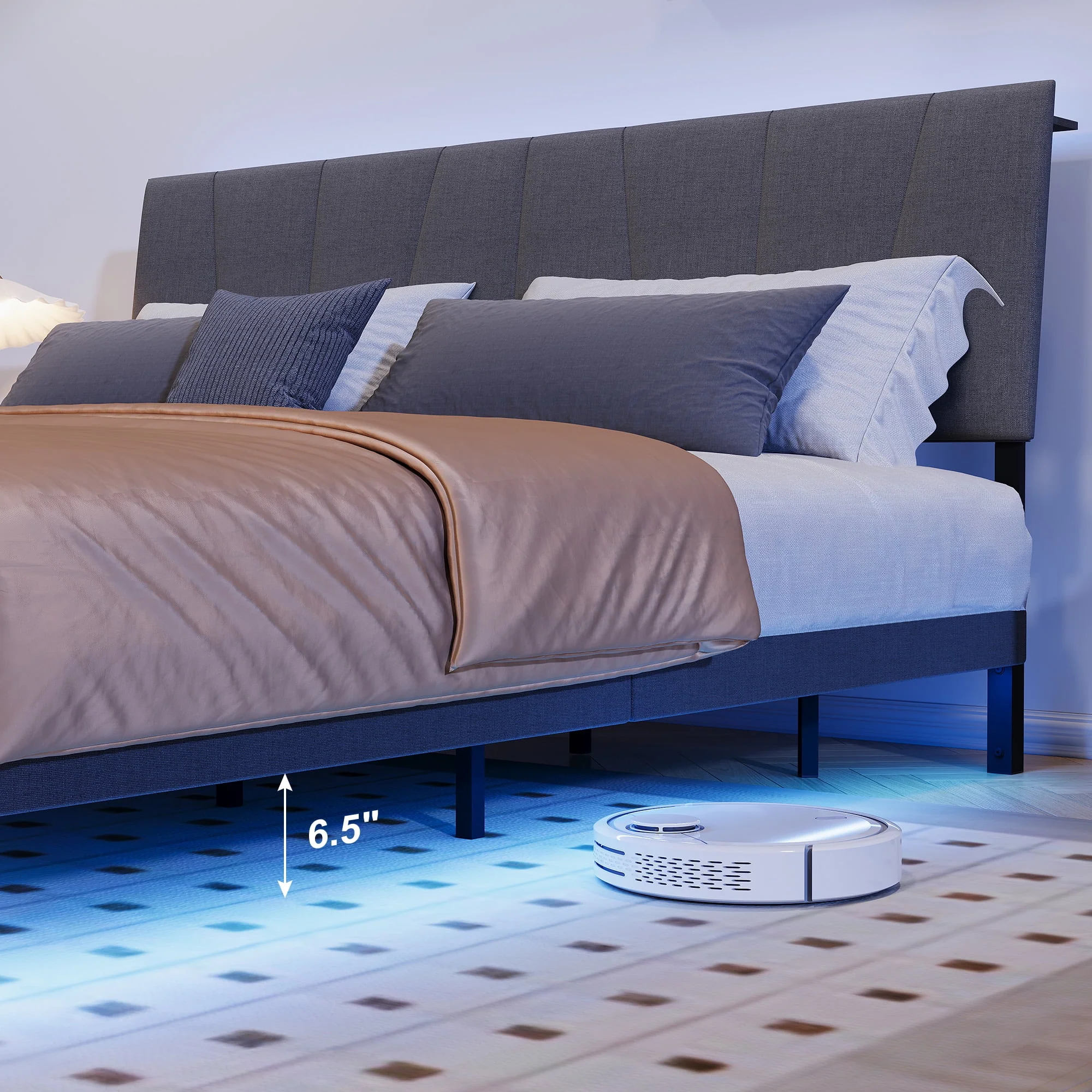 Neche Floating Upholstered Queen Platform Bed Frame with LED Lights, Charging Station, Hidden Storage, Gray - Image 7