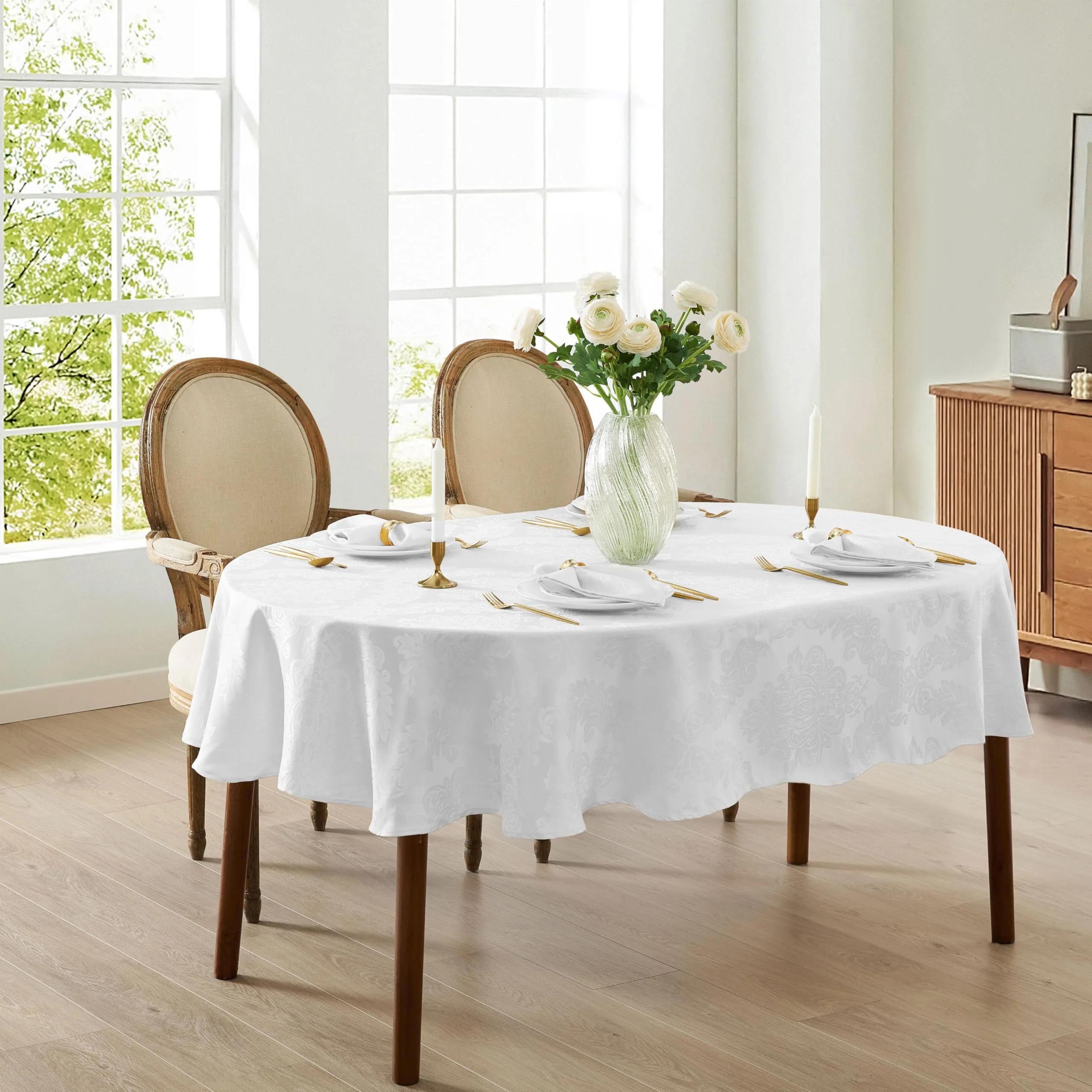 Newbridge Barcelona Luxury Damask Fabric Tablecloth, 60in x 120in Oval, White, 100% Polyester, Soil Resistant, No Iron - Image 6