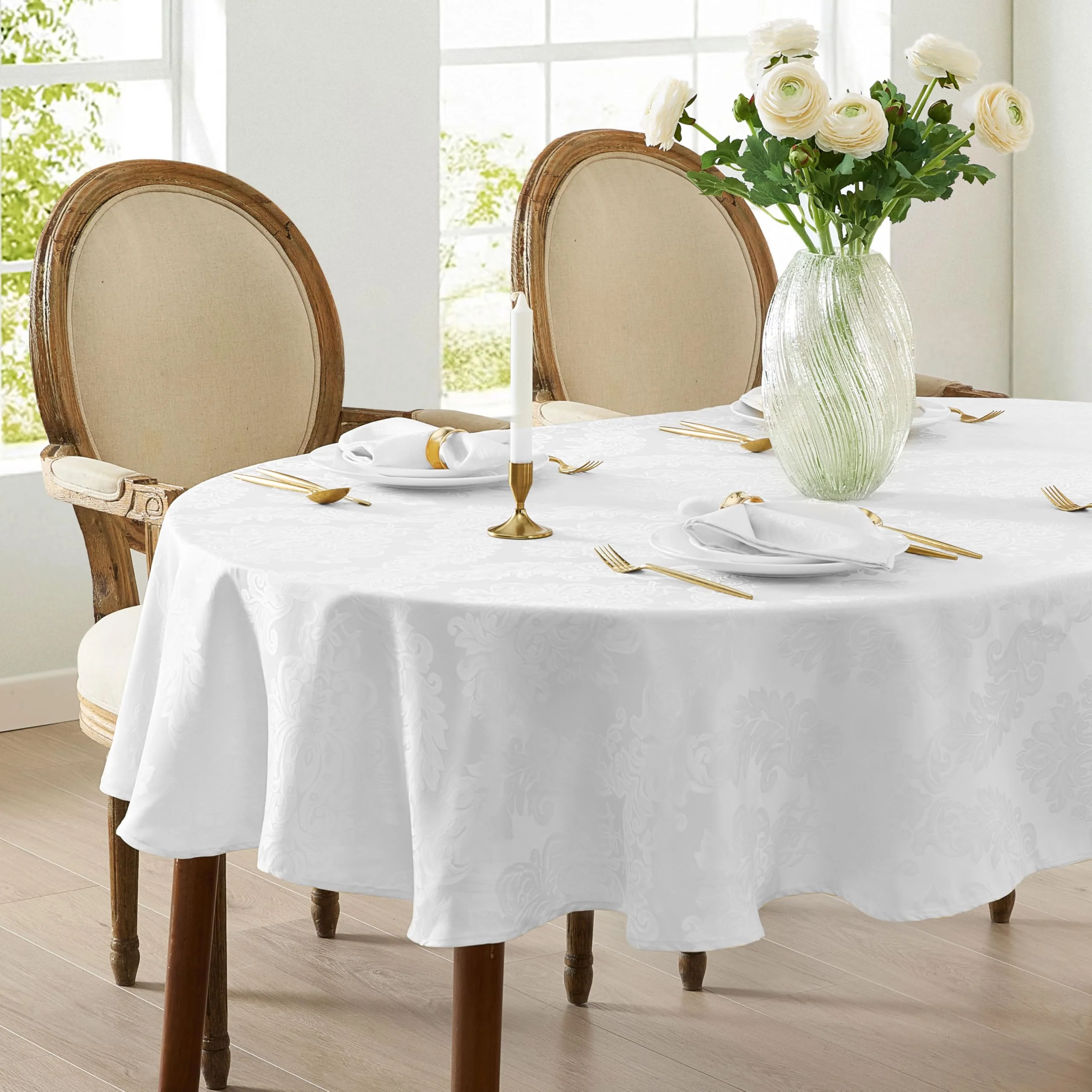 Newbridge Barcelona Luxury Damask Fabric Tablecloth, 60in x 120in Oval, White, 100% Polyester, Soil Resistant, No Iron - Image 7