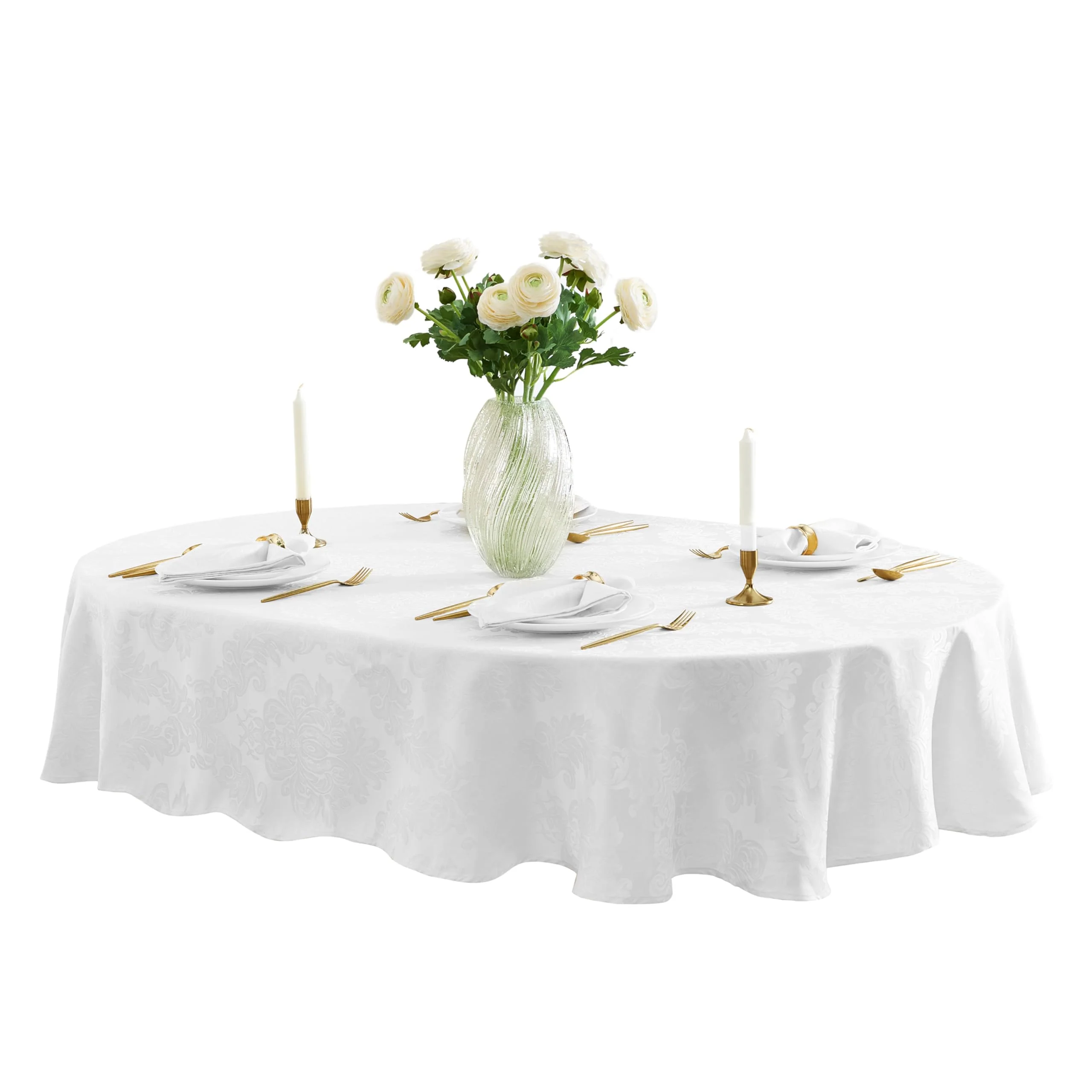 Newbridge Barcelona Luxury Damask Fabric Tablecloth, 60in x 120in Oval, White, 100% Polyester, Soil Resistant, No Iron - Image 8