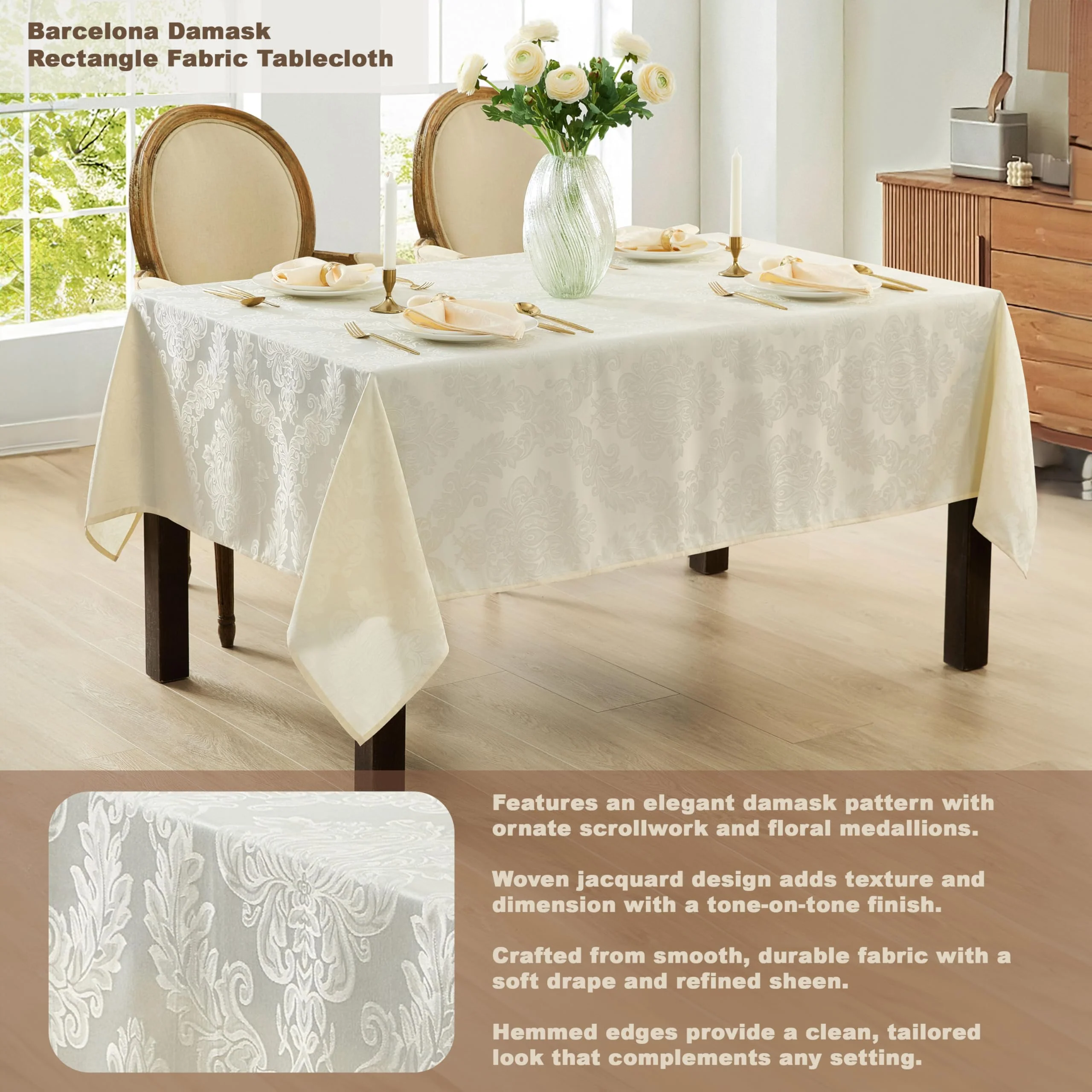Newbridge Extra Wide Rectangle Tablecloth, Barcelona Damask, No Iron, Soil Resistant, Antique White, 70 x 90 in - Image 5