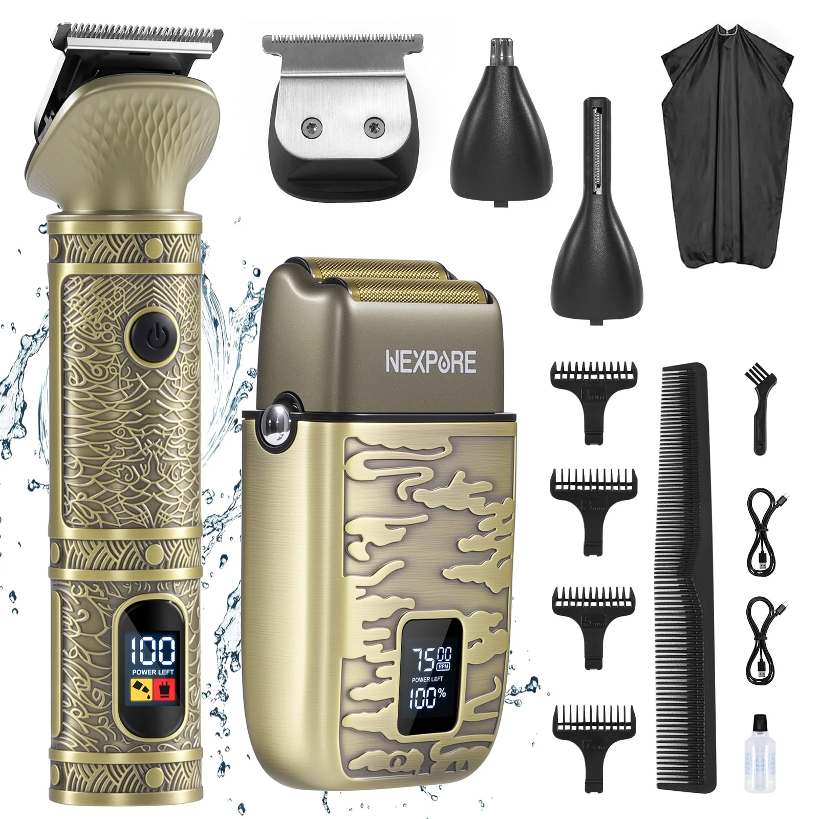 KR-2025 HC802-DTJ-JT/Wal Hair Clippers for Men, Professional Beard Trimmer Kit, Cordless Waterproof with LED Display, Gold