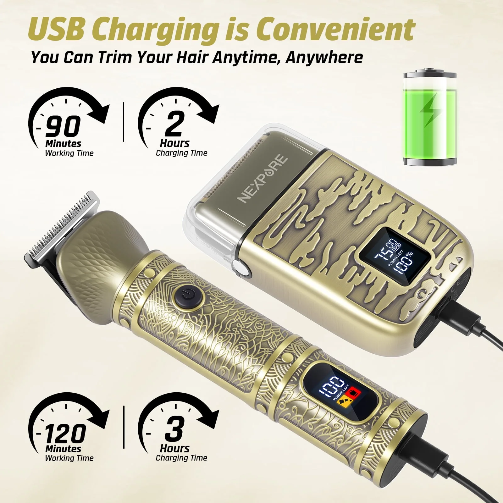 KR-2025 HC802-DTJ-JT/Wal Hair Clippers for Men, Professional Beard Trimmer Kit, Cordless Waterproof with LED Display, Gold - Image 4