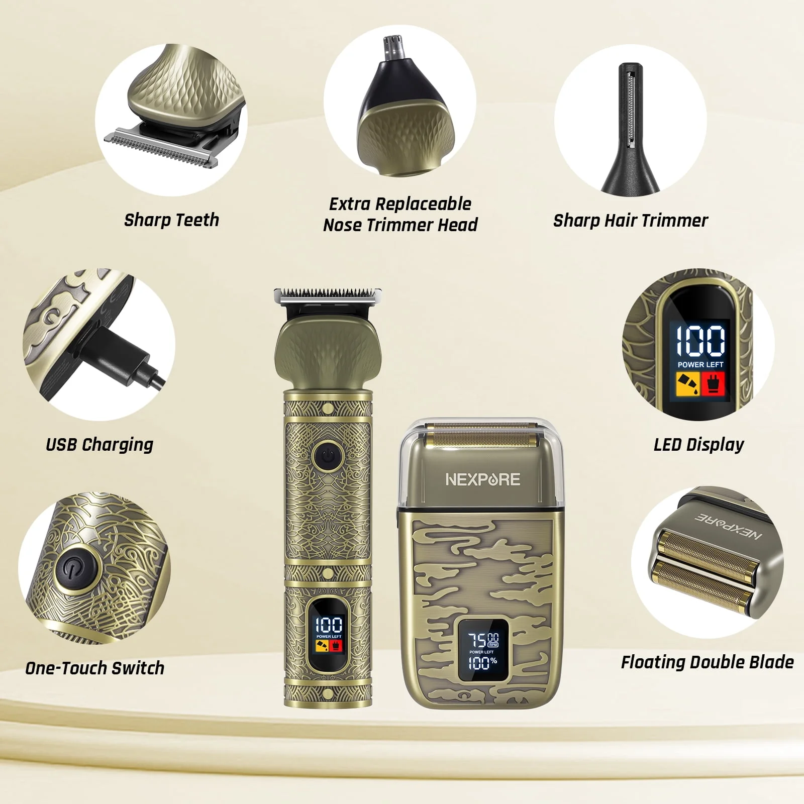 KR-2025 HC802-DTJ-JT/Wal Hair Clippers for Men, Professional Beard Trimmer Kit, Cordless Waterproof with LED Display, Gold - Image 5