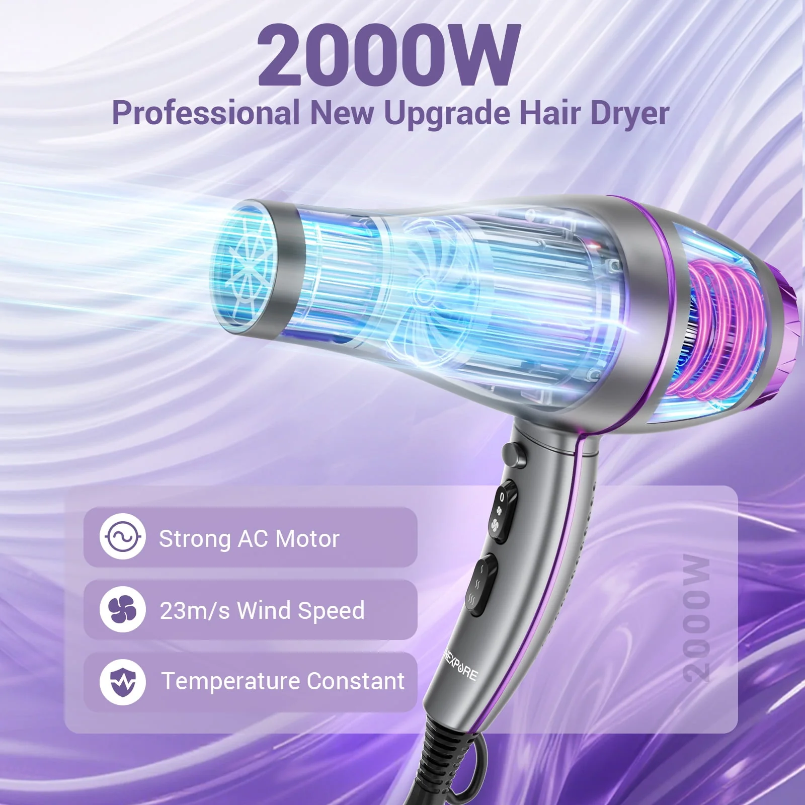NEXPURE Ionic Hair Dryer with Diffuser, 2000W High-Speed Motor, 3 Heat Settings, 2 Speeds, Cool Shot, Purple - Image 2