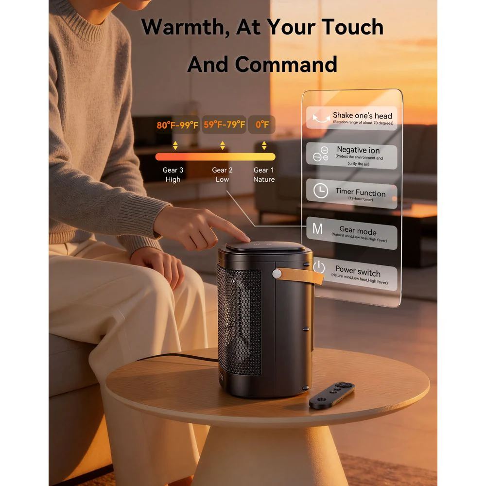 NFTIGB Portable Ceramic Space Heater, 1500W Electric Heater with Remote Control, 3 Heat Settings, Smart Thermostat, Black - Image 6