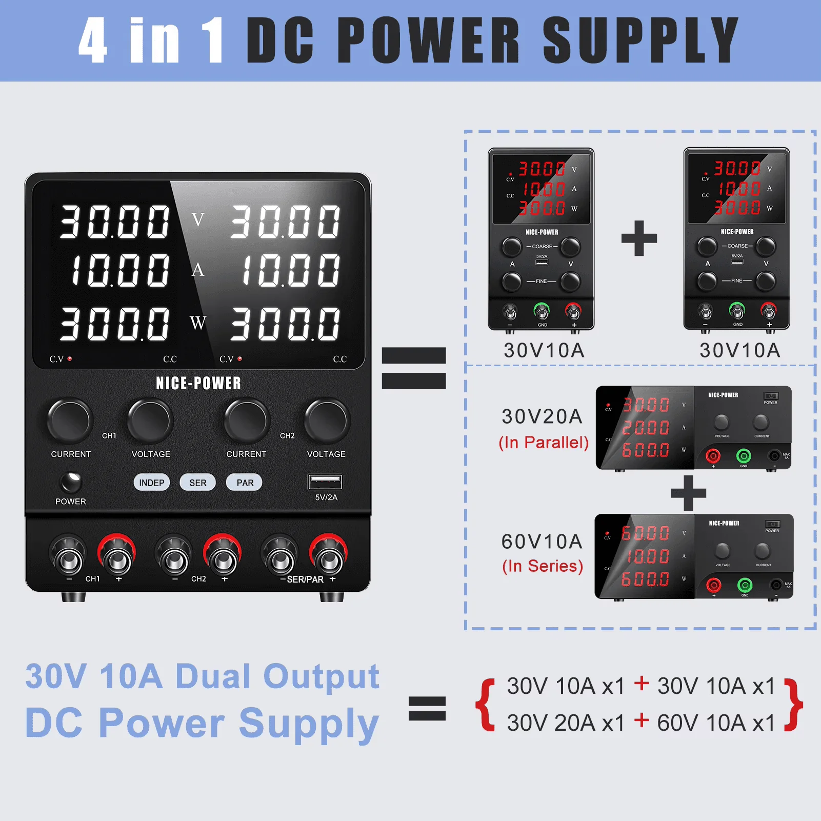 NICE-POWER SPS3010-2KD Dual DC Power Supply, 4-in-1 Variable Output, 30V 10A Independent, 60V 10A Series, 30V 20A Parallel, High Precision Digital Display, Metal Compact Design - Image 2