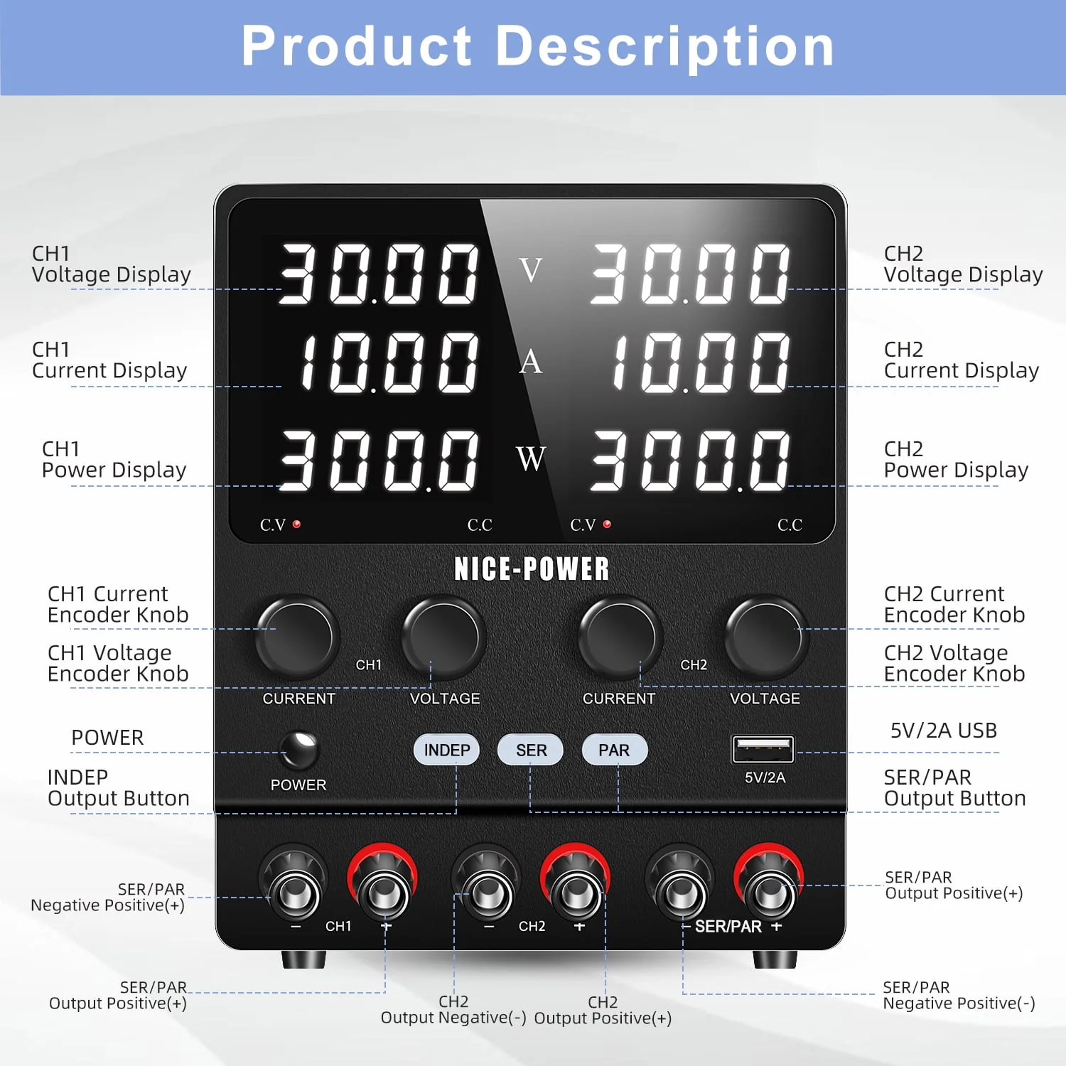 NICE-POWER SPS3010-2KD Dual DC Power Supply, 4-in-1 Variable Output, 30V 10A Independent, 60V 10A Series, 30V 20A Parallel, High Precision Digital Display, Metal Compact Design - Image 3